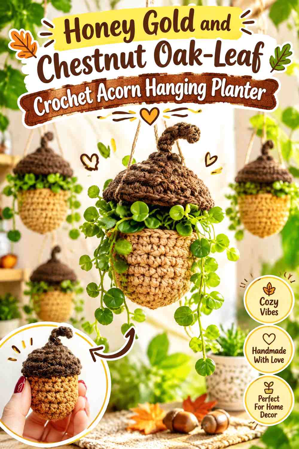 Honey Gold and Chestnut Oak-Leaf Crochet Acorn Hanging Planter