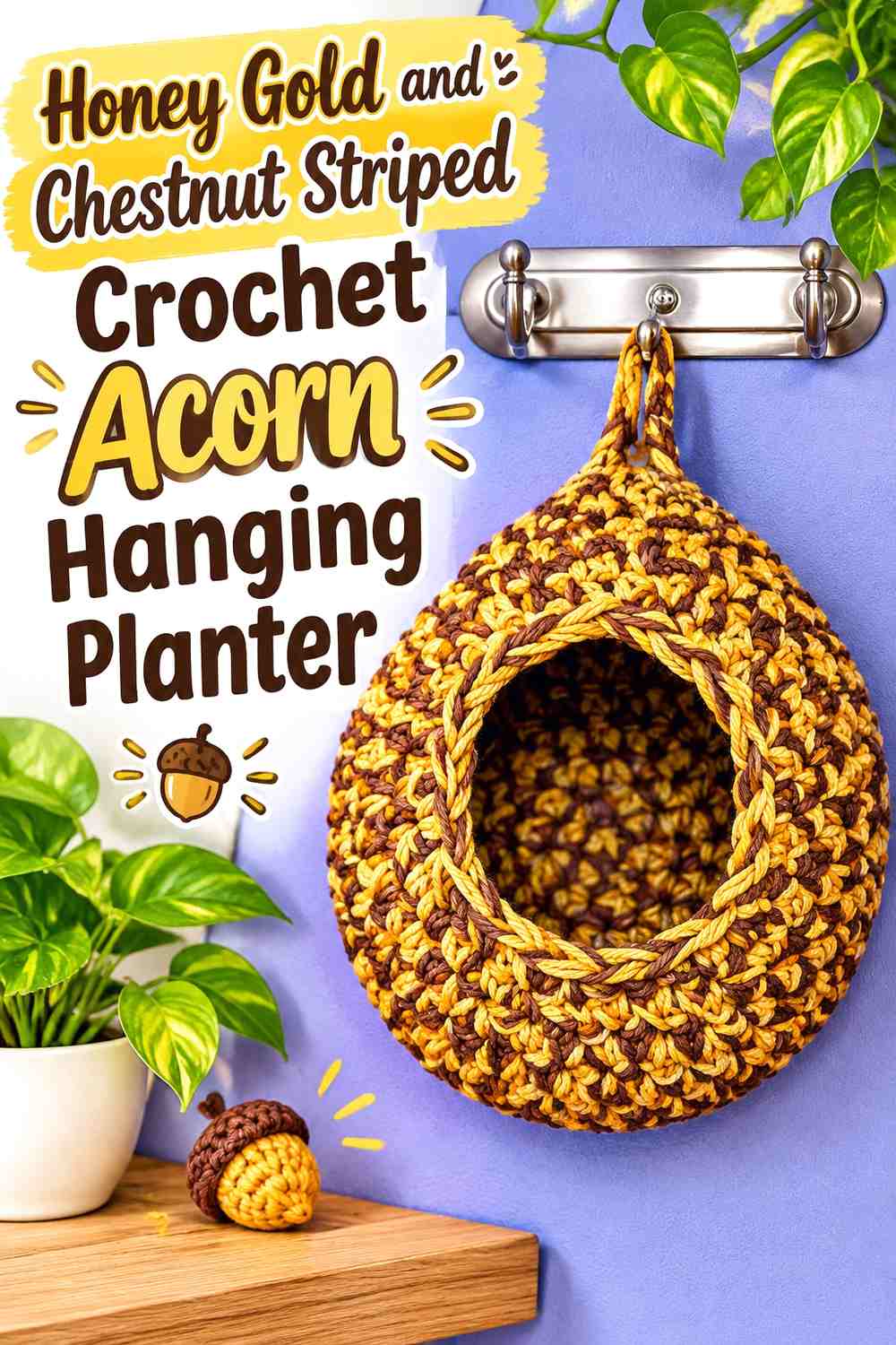 Honey Gold and Chestnut Striped Crochet Acorn Hanging Planter