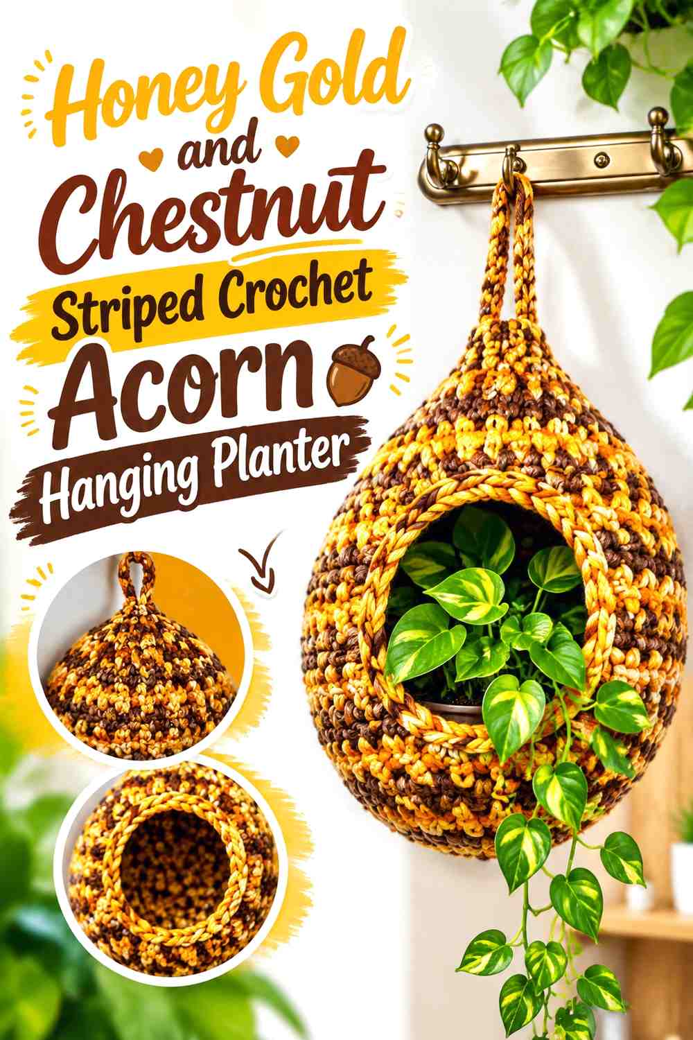 Honey Gold and Chestnut Striped Crochet Acorn Hanging Planter