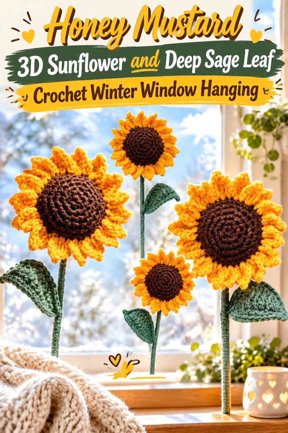 Honey Mustard 3D Sunflower and Deep Sage Leaf Crochet Winter Window Hanging