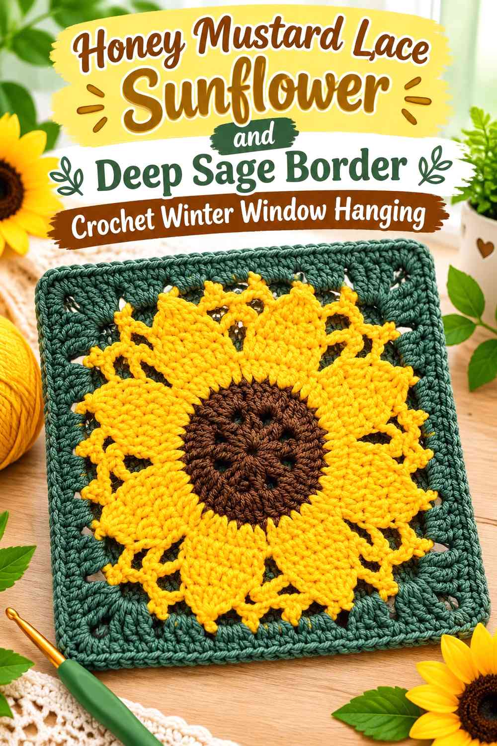 Honey Mustard Lace Sunflower and Deep Sage Border Crochet Winter Window Hanging