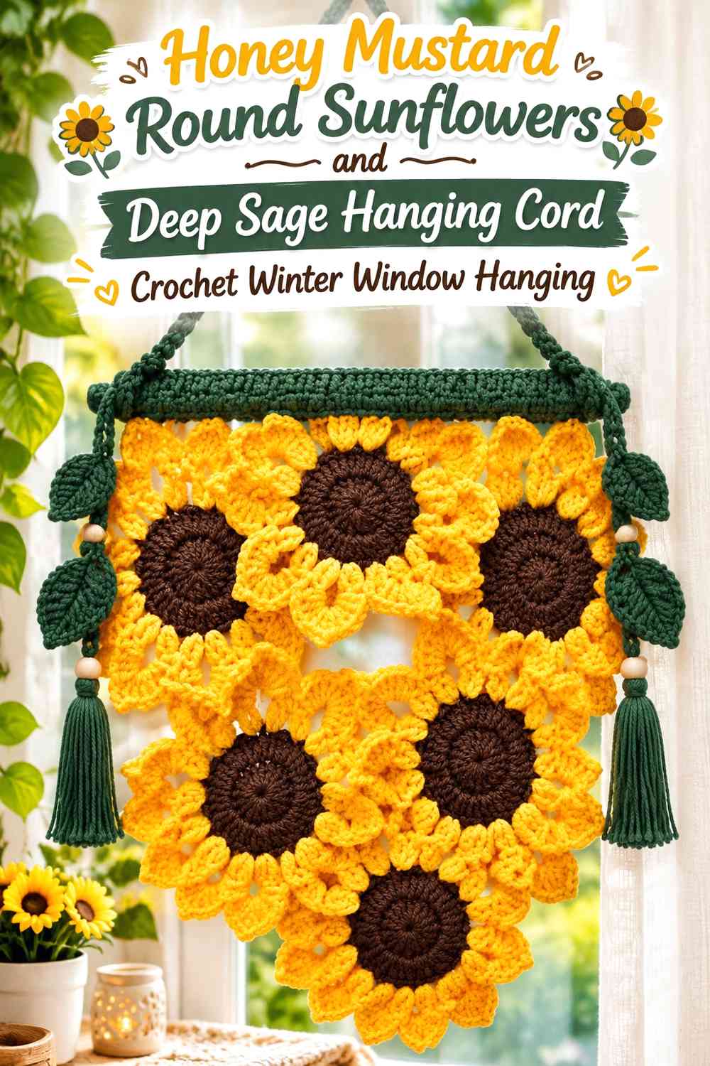 Honey Mustard Round Sunflowers and Deep Sage Hanging Cord Crochet Winter Window Hanging