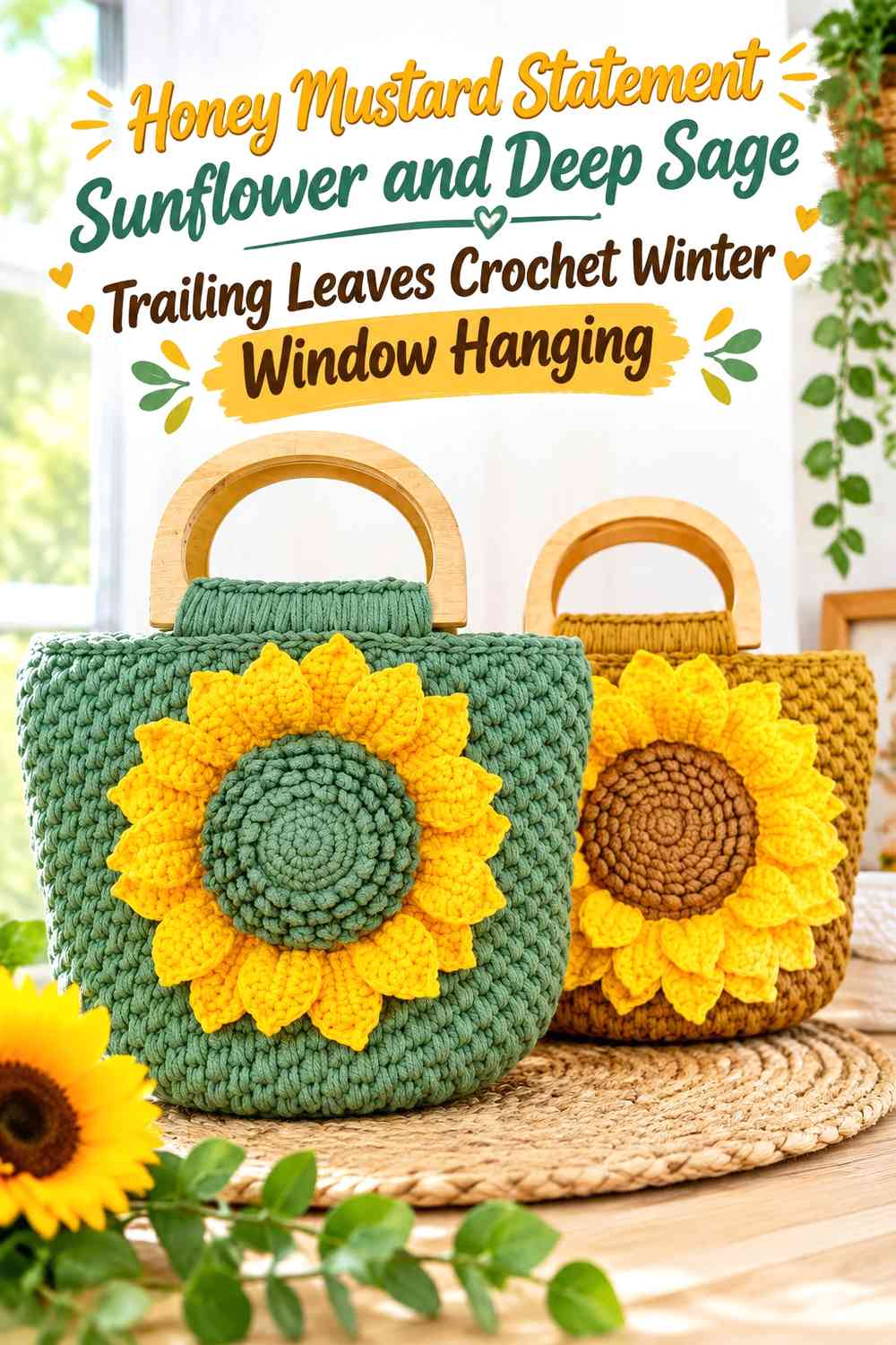 Honey Mustard Statement Sunflower and Deep Sage Trailing Leaves Crochet Winter Window Hanging
