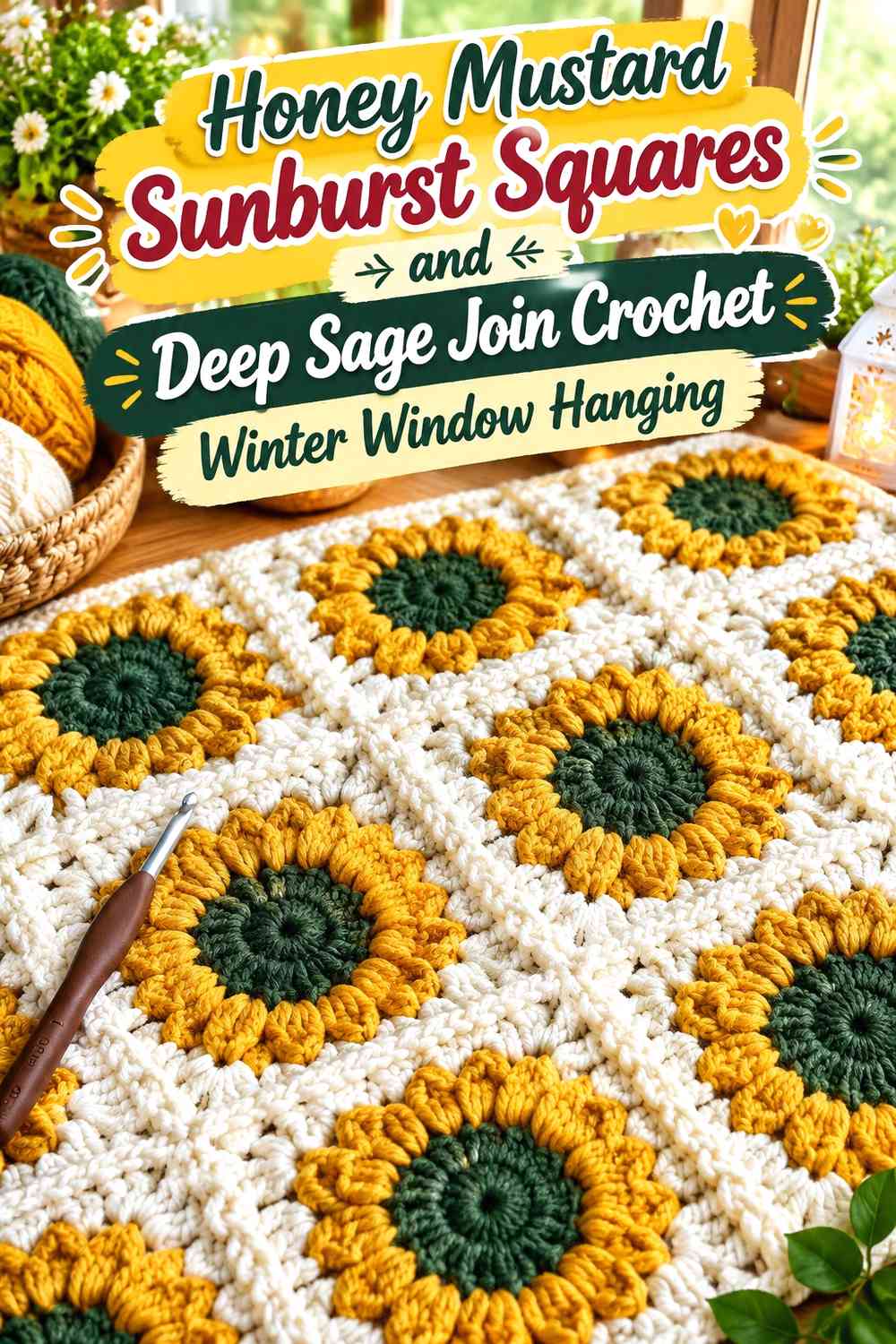Honey Mustard Sunburst Squares and Deep Sage Join Crochet Winter Window Hanging