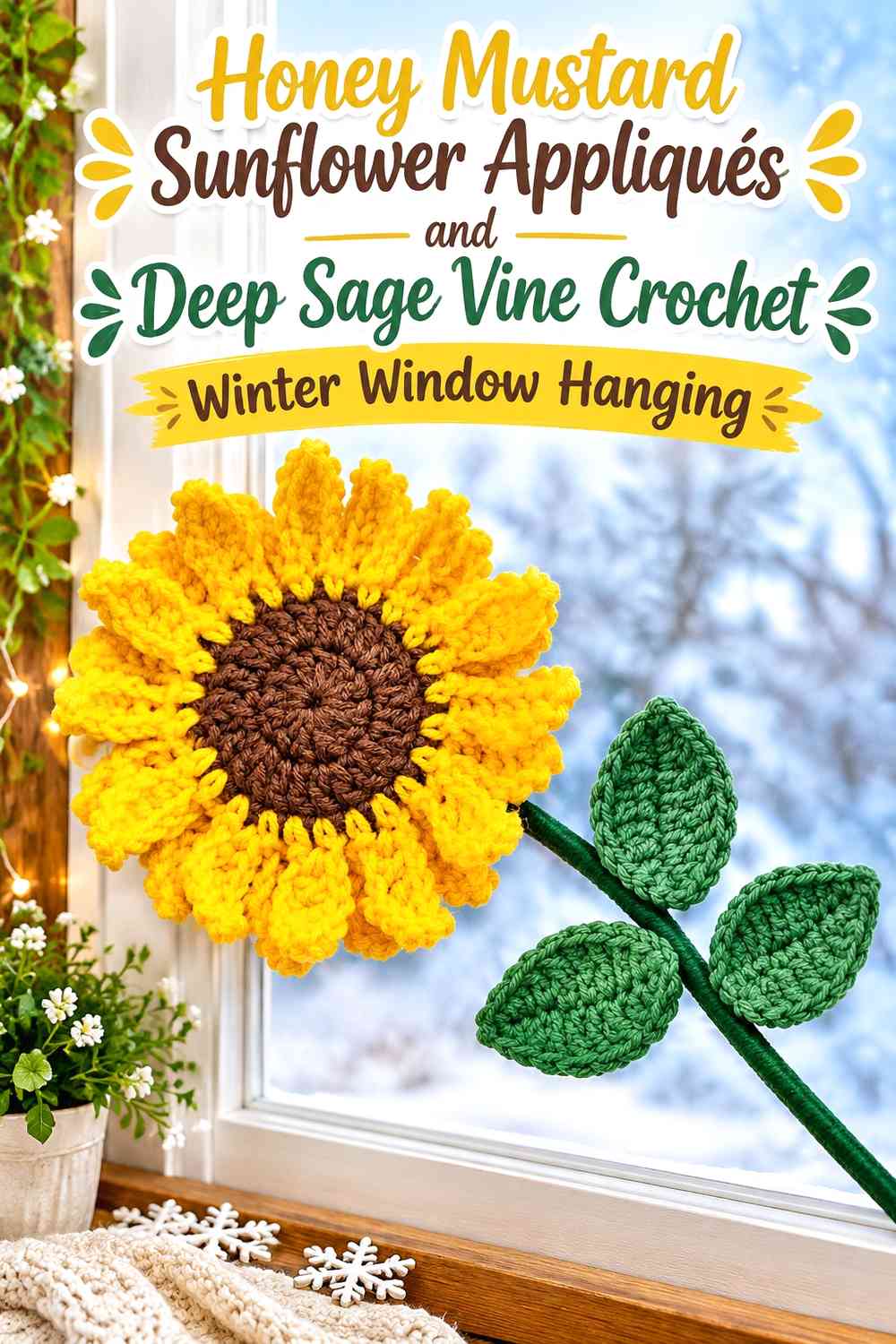 Honey Mustard Sunflower Appliqués and Deep Sage Vine Crochet Winter Window Hanging