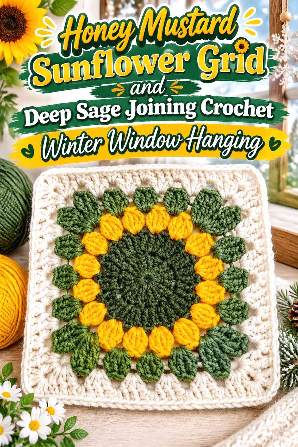 Honey Mustard Sunflower Grid and Deep Sage Joining Crochet Winter Window Hanging