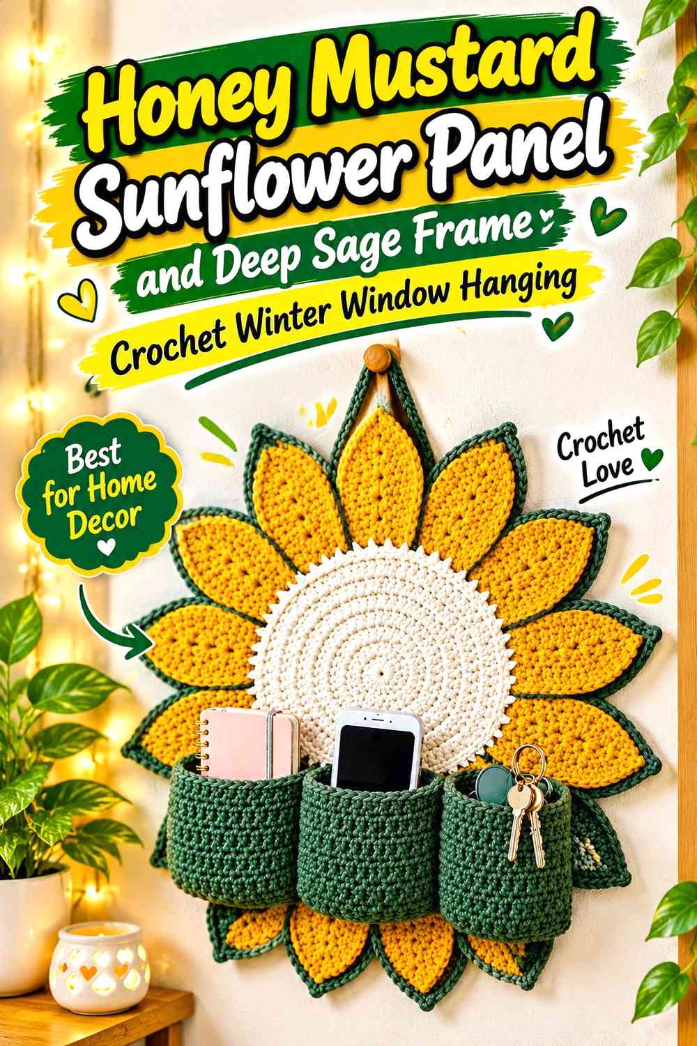 Honey Mustard Sunflower Panel and Deep Sage Frame Crochet Winter Window Hanging