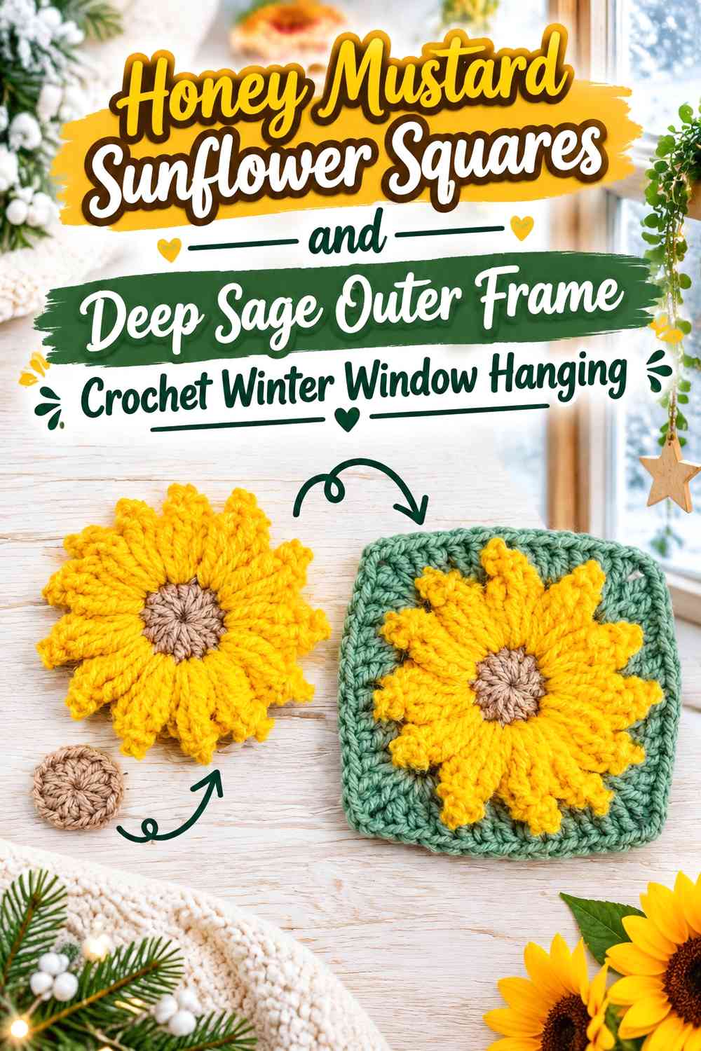 Honey Mustard Sunflower Squares and Deep Sage Outer Frame Crochet Winter Window Hanging