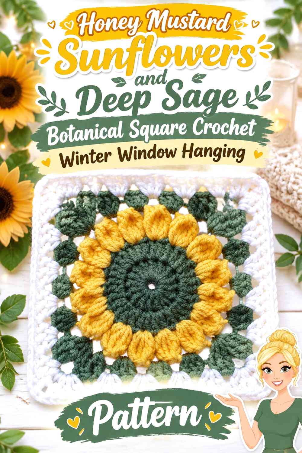 Honey Mustard Sunflowers and Deep Sage Botanical Square Crochet Winter Window Hanging