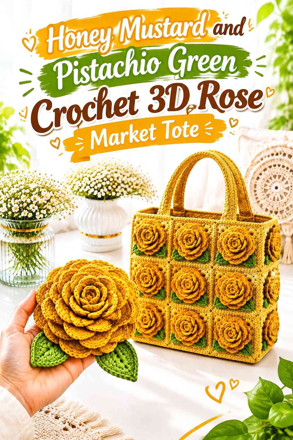 Honey Mustard and Pistachio Green Crochet 3D Rose Market Tote