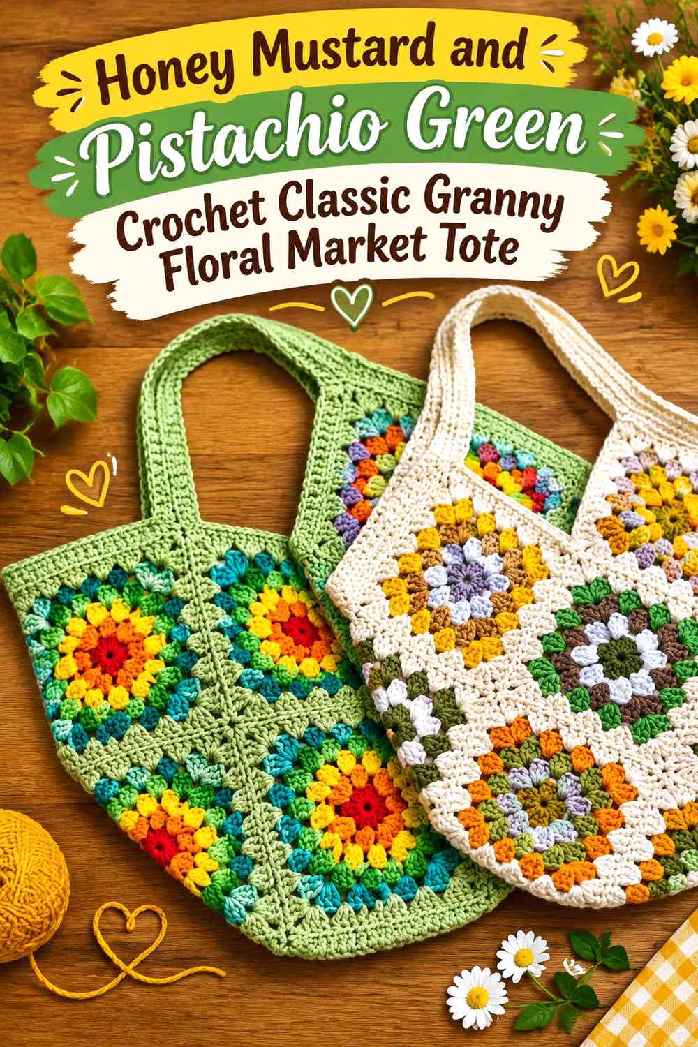 Honey Mustard and Pistachio Green Crochet Classic Granny Floral Market Tote