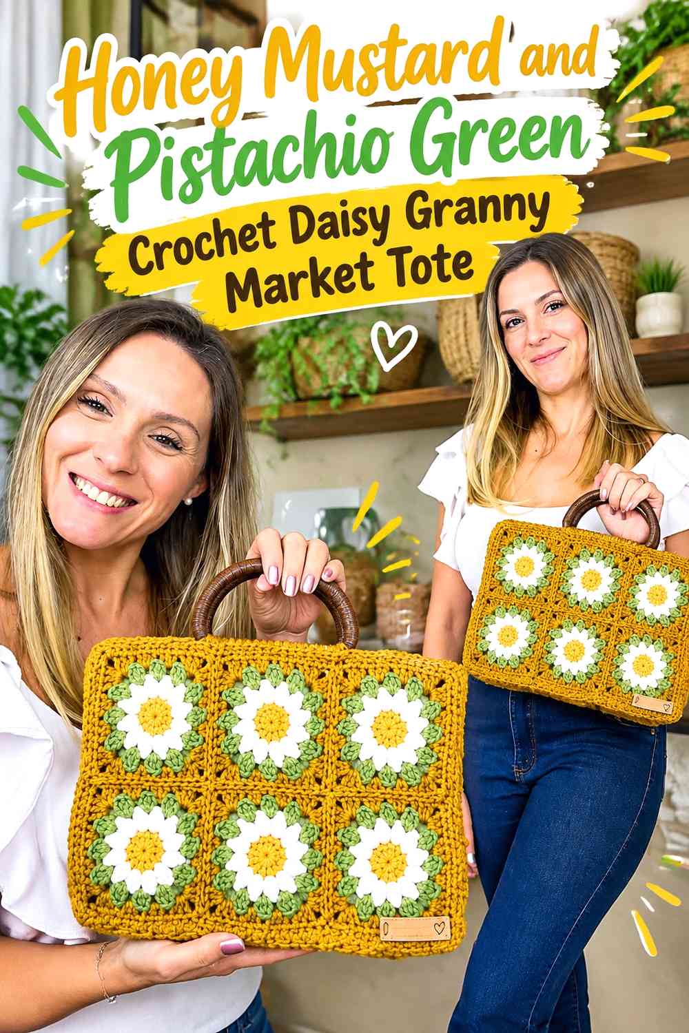 Honey Mustard and Pistachio Green Crochet Daisy Granny Market Tote