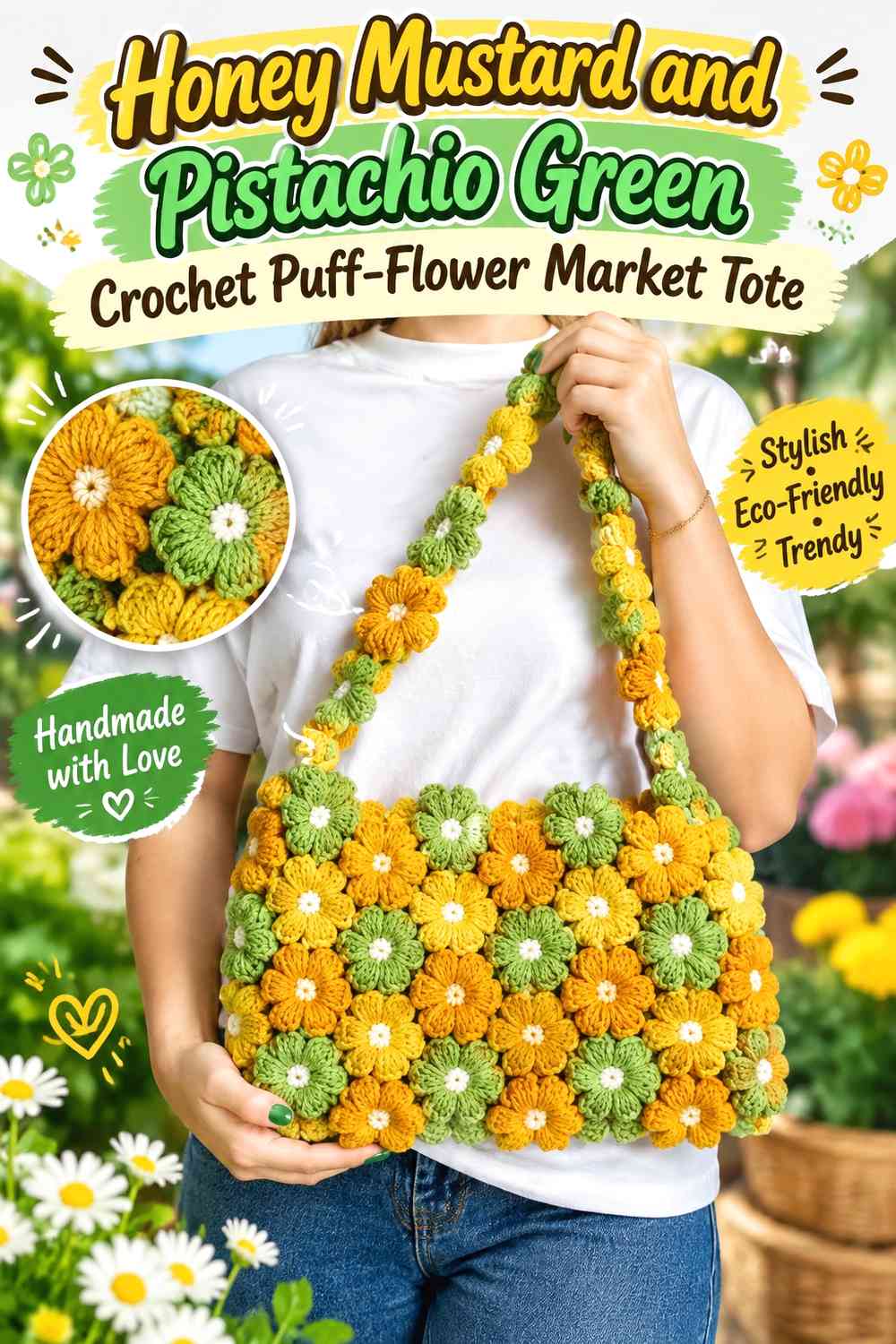 Honey Mustard and Pistachio Green Crochet Puff-Flower Market Tote