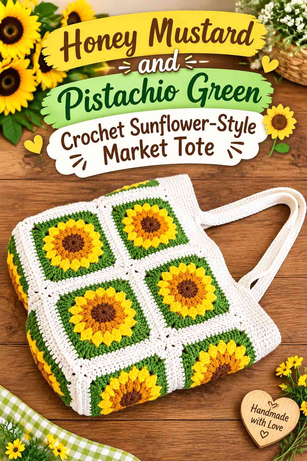 Honey Mustard and Pistachio Green Crochet Sunflower-Style Market Tote