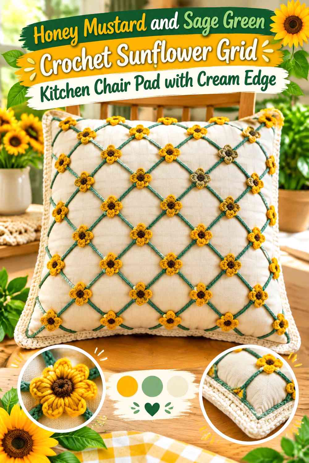 Honey Mustard and Sage Green Crochet Sunflower Grid Kitchen Chair Pad with Cream Edge