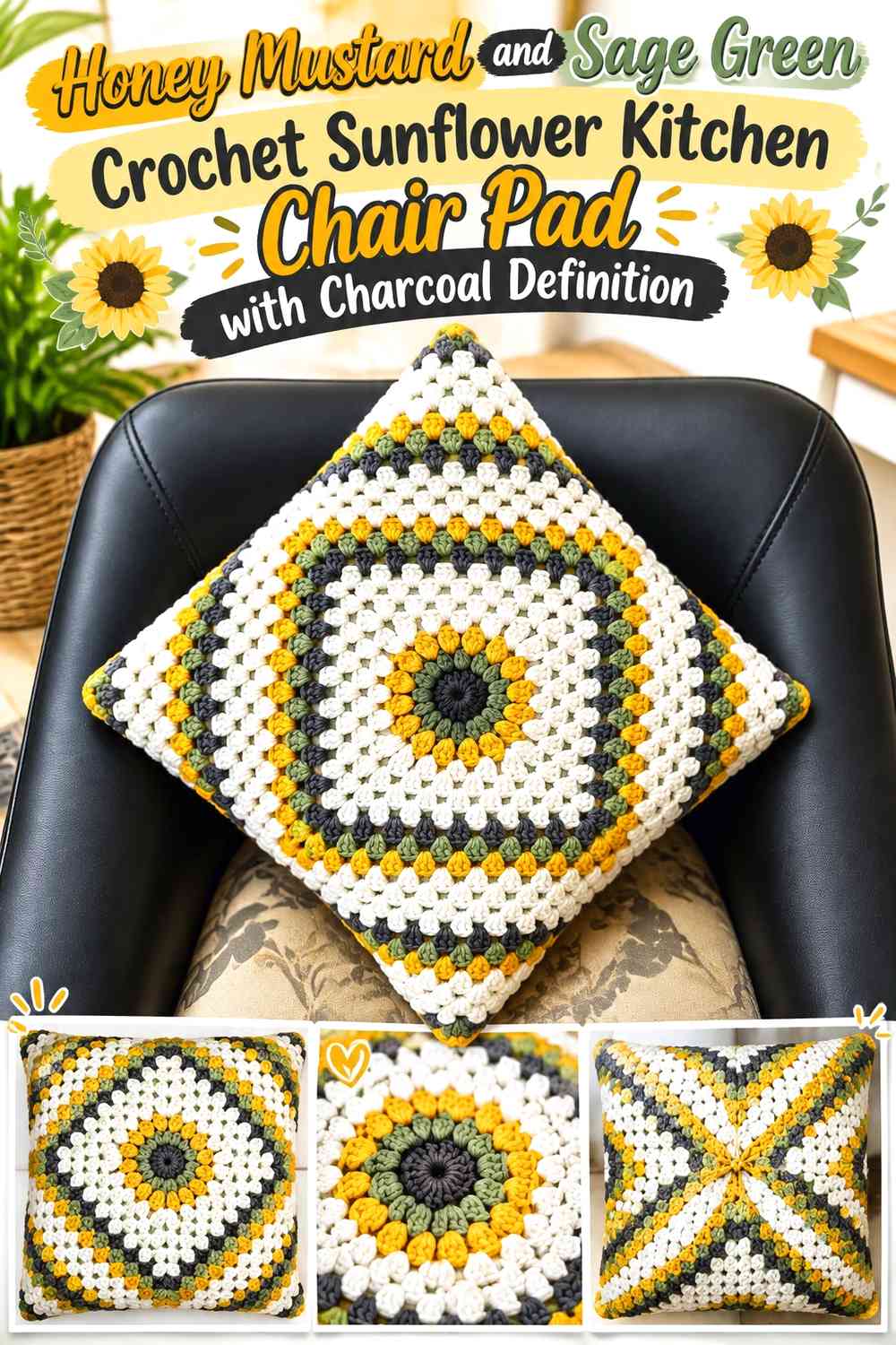 Honey Mustard and Sage Green Crochet Sunflower Kitchen Chair Pad with Charcoal Definition