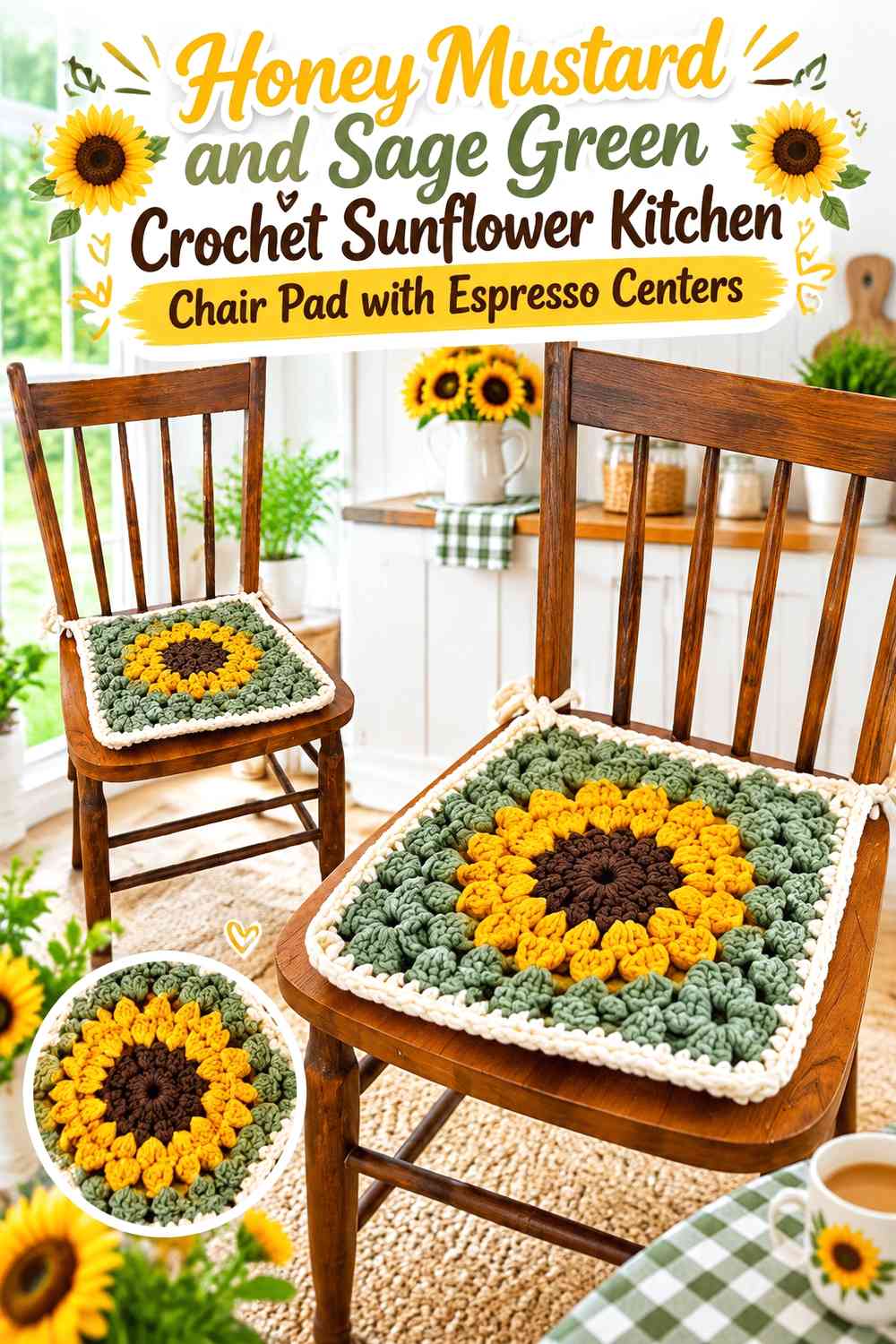 Honey Mustard and Sage Green Crochet Sunflower Kitchen Chair Pad with Espresso Centers