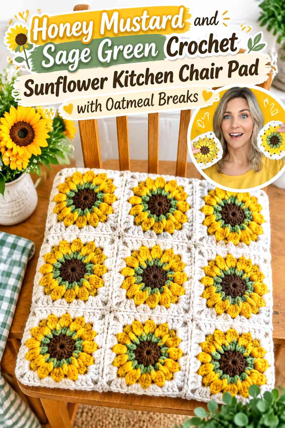 Honey Mustard and Sage Green Crochet Sunflower Kitchen Chair Pad with Oatmeal Breaks