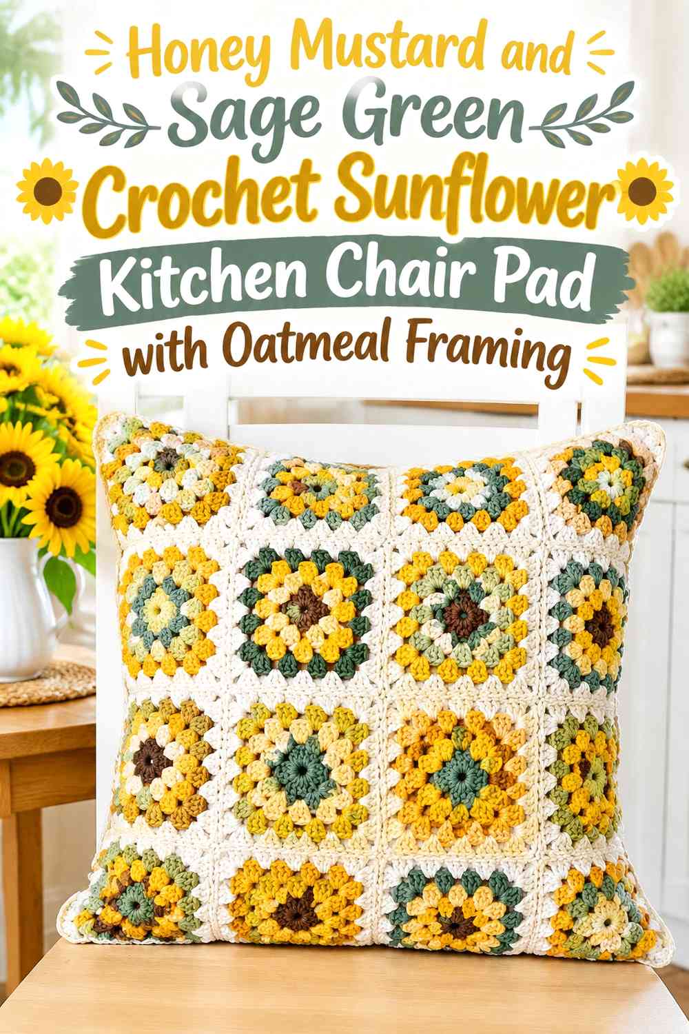 Honey Mustard and Sage Green Crochet Sunflower Kitchen Chair Pad with Oatmeal Framing