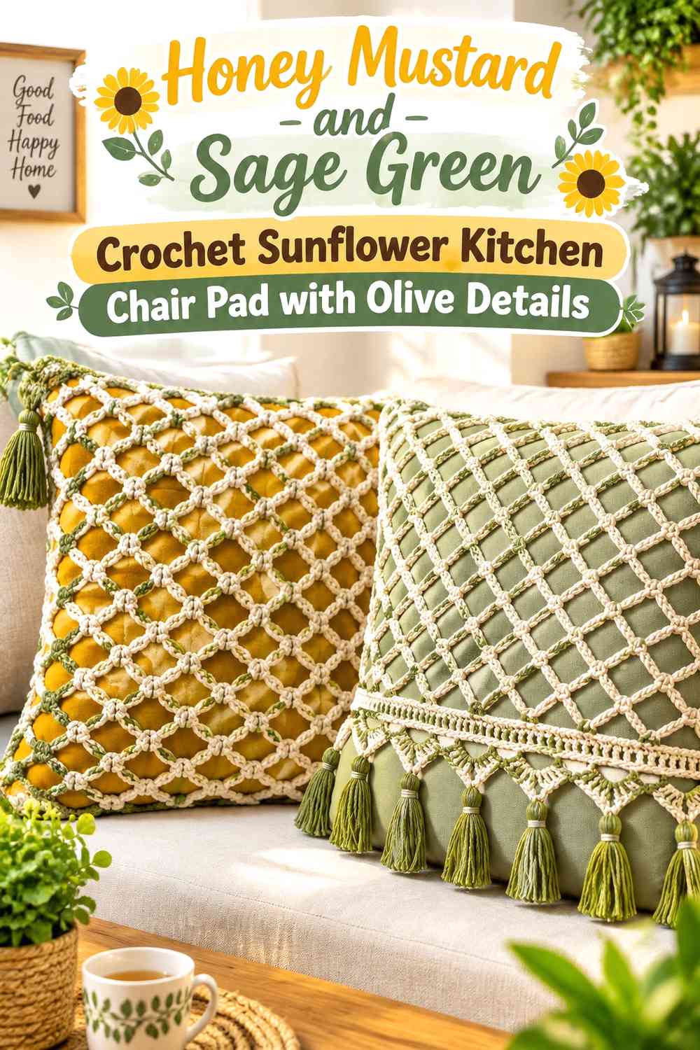Honey Mustard and Sage Green Crochet Sunflower Kitchen Chair Pad with Olive Details