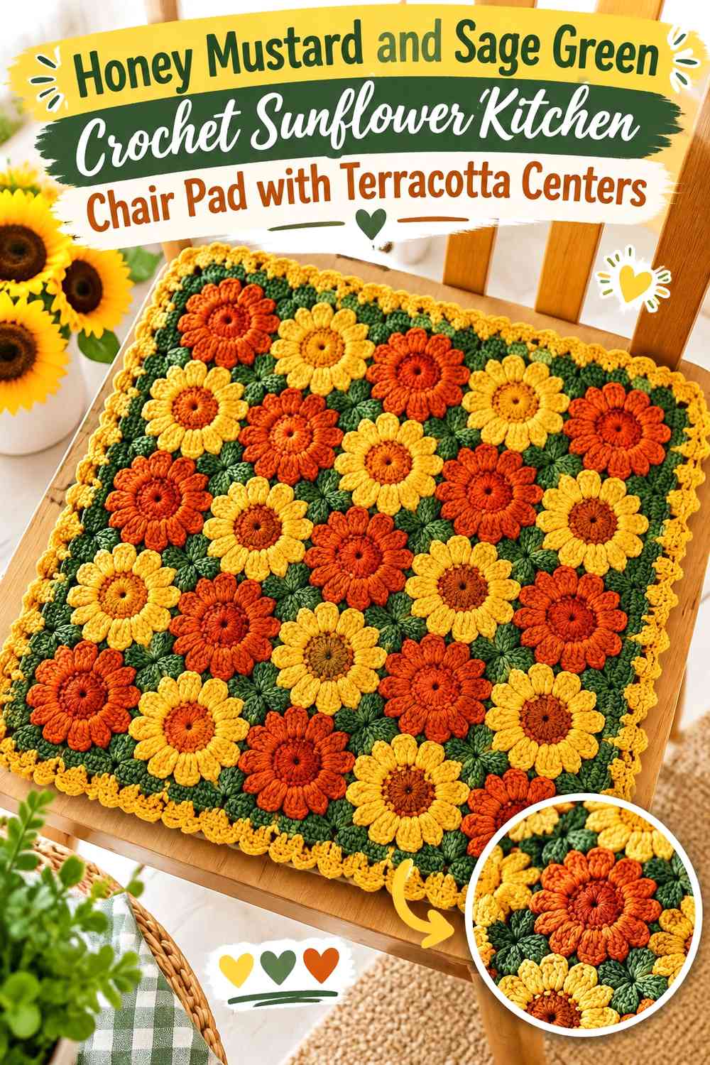 Honey Mustard and Sage Green Crochet Sunflower Kitchen Chair Pad with Terracotta Centers