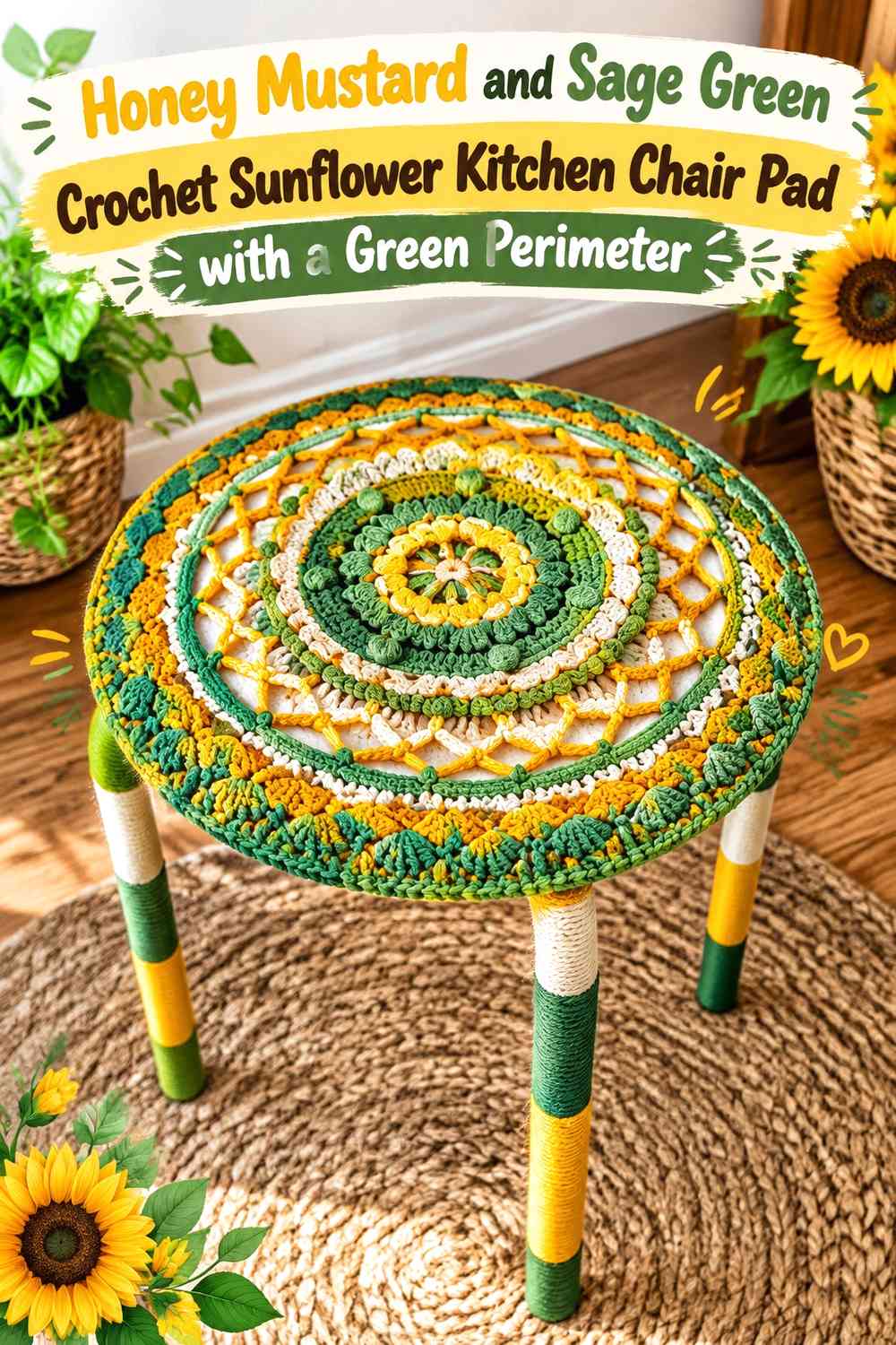 Honey Mustard and Sage Green Crochet Sunflower Kitchen Chair Pad with a Green Perimeter