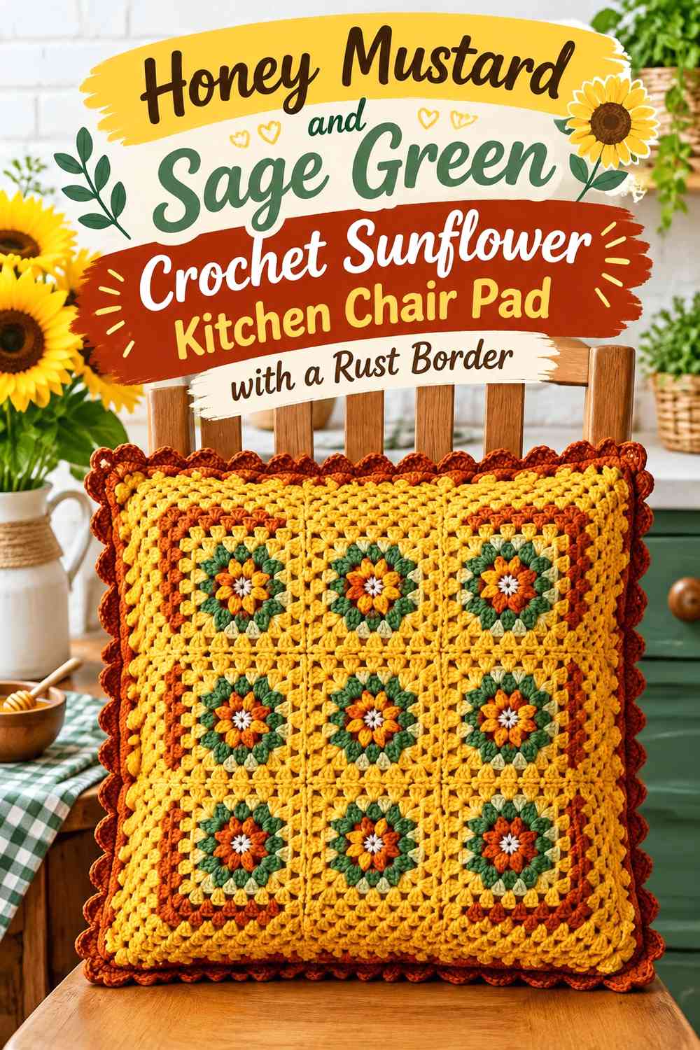 Honey Mustard and Sage Green Crochet Sunflower Kitchen Chair Pad with a Rust Border