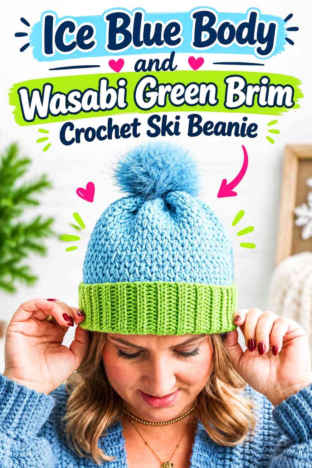 Ice Blue Body and Wasabi Green Brim Crochet Ski Beanie