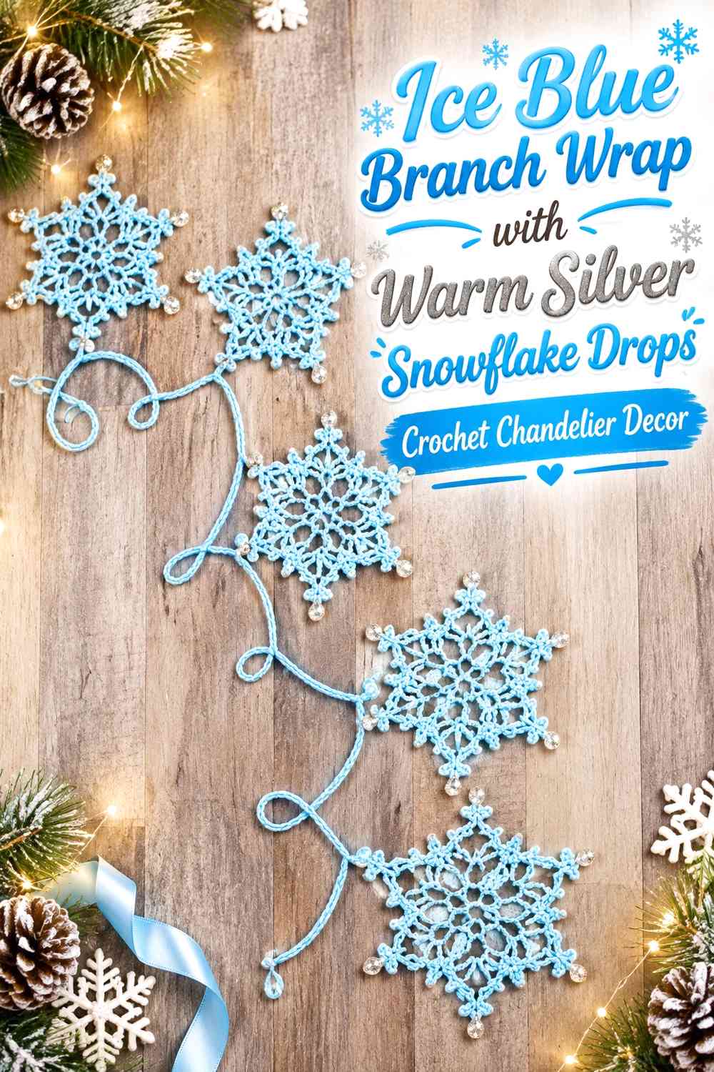 Ice Blue Branch Wrap with Warm Silver Snowflake Drops Crochet Chandelier Decor