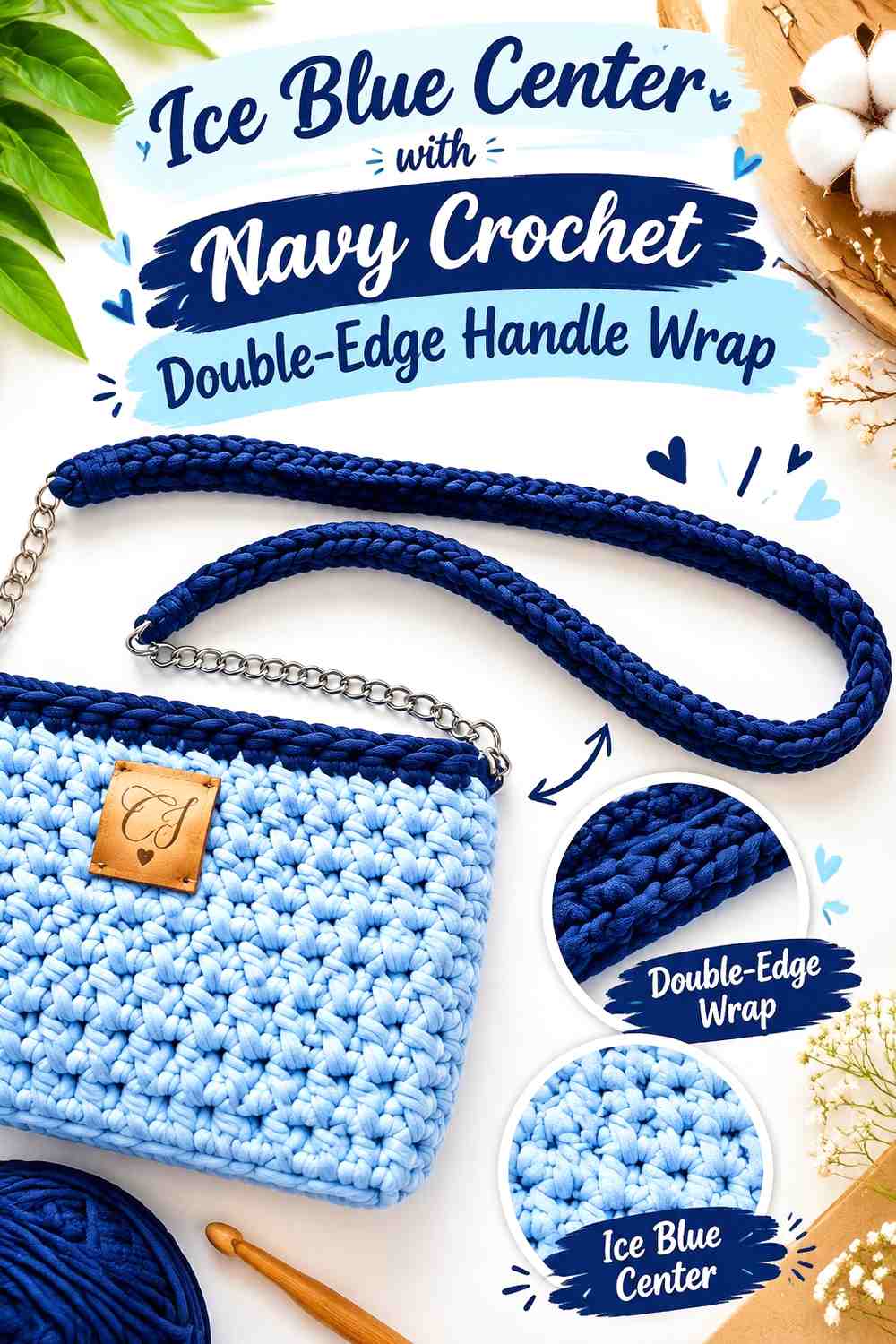 Ice Blue Center with Navy Crochet Double-Edge Handle Wrap
