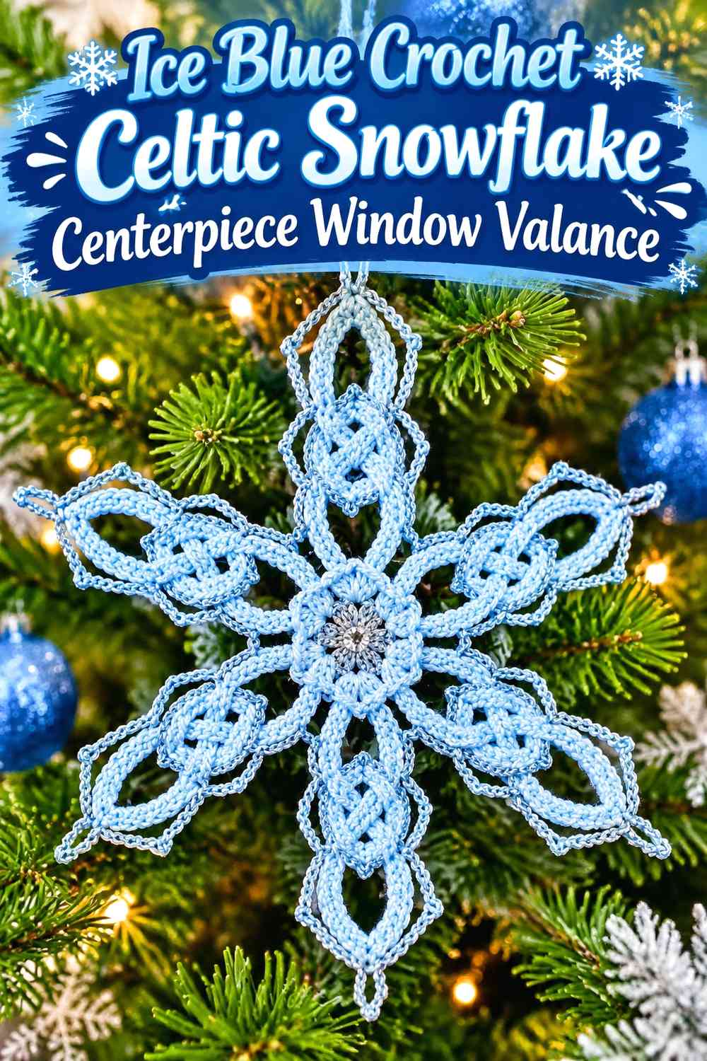 Ice Blue Crochet Celtic Snowflake Centerpiece Window Valance
