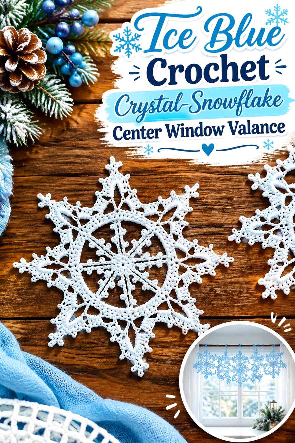 Ice Blue Crochet Crystal-Snowflake Center Window Valance