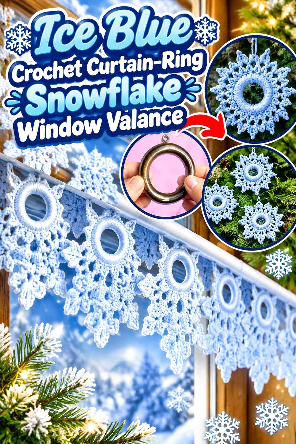 Ice Blue Crochet Curtain-Ring Snowflake Window Valance