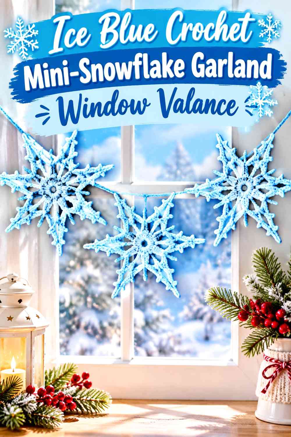 Ice Blue Crochet Mini-Snowflake Garland Window Valance