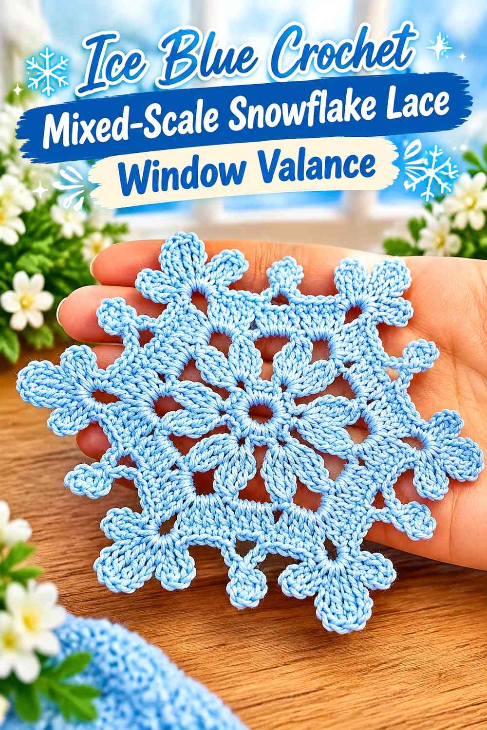 Ice Blue Crochet Mixed-Scale Snowflake Lace Window Valance