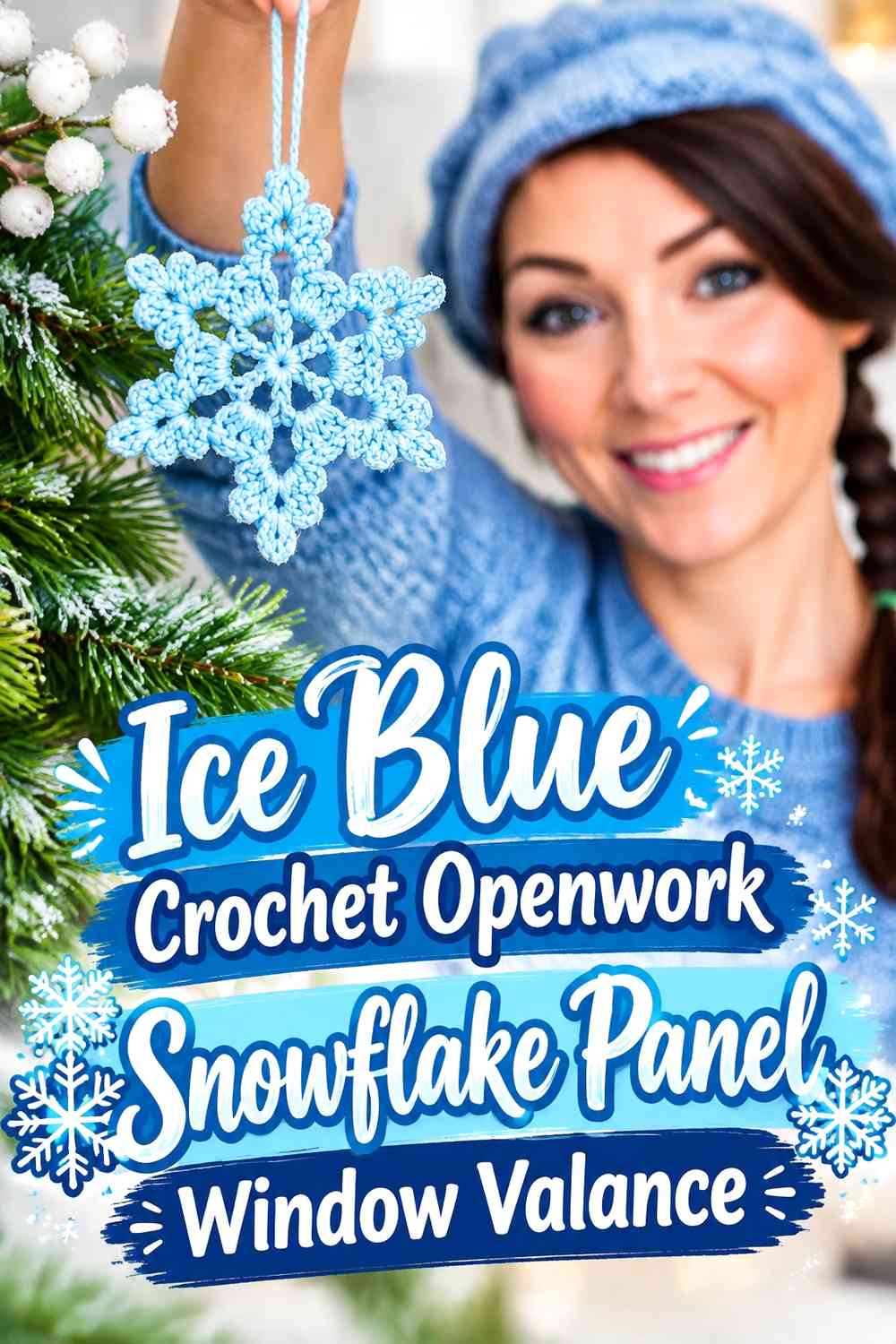 Ice Blue Crochet Openwork Snowflake Panel Window Valance