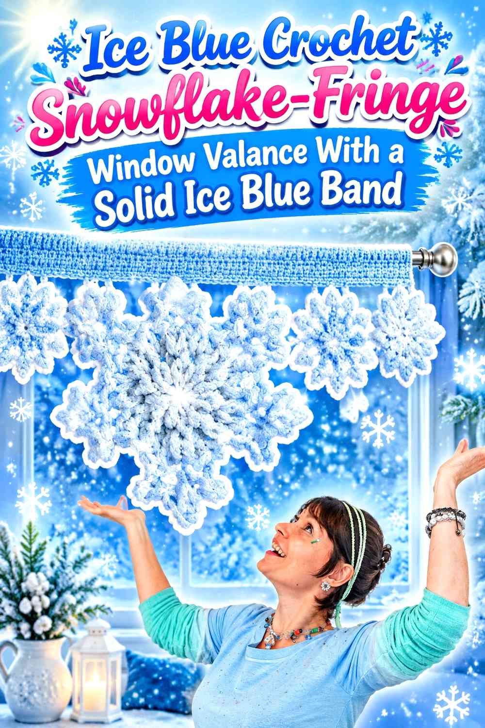 Ice Blue Crochet Snowflake-Fringe Window Valance With a Solid Ice Blue Band