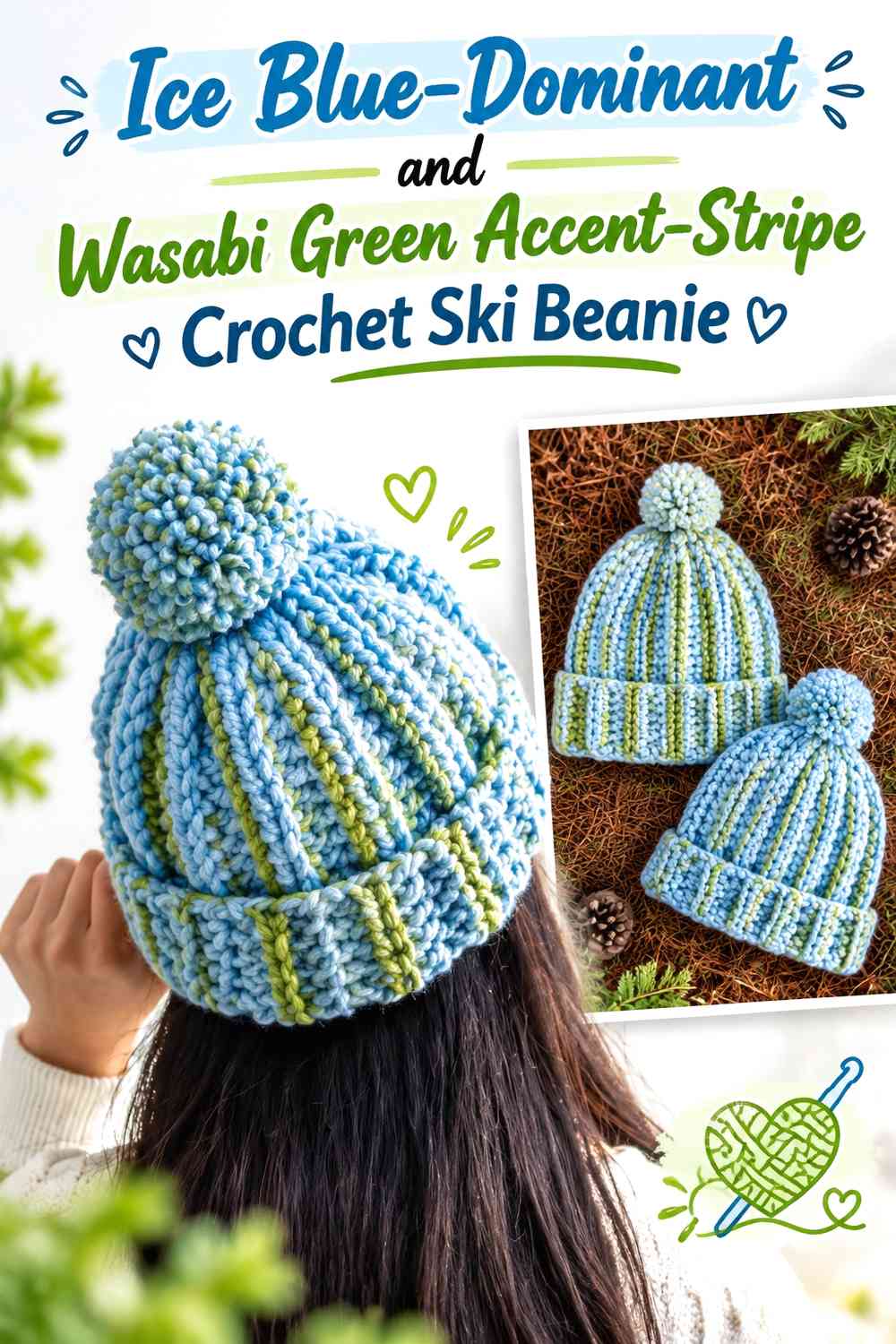 Ice Blue-Dominant and Wasabi Green Accent-Stripe Crochet Ski Beanie