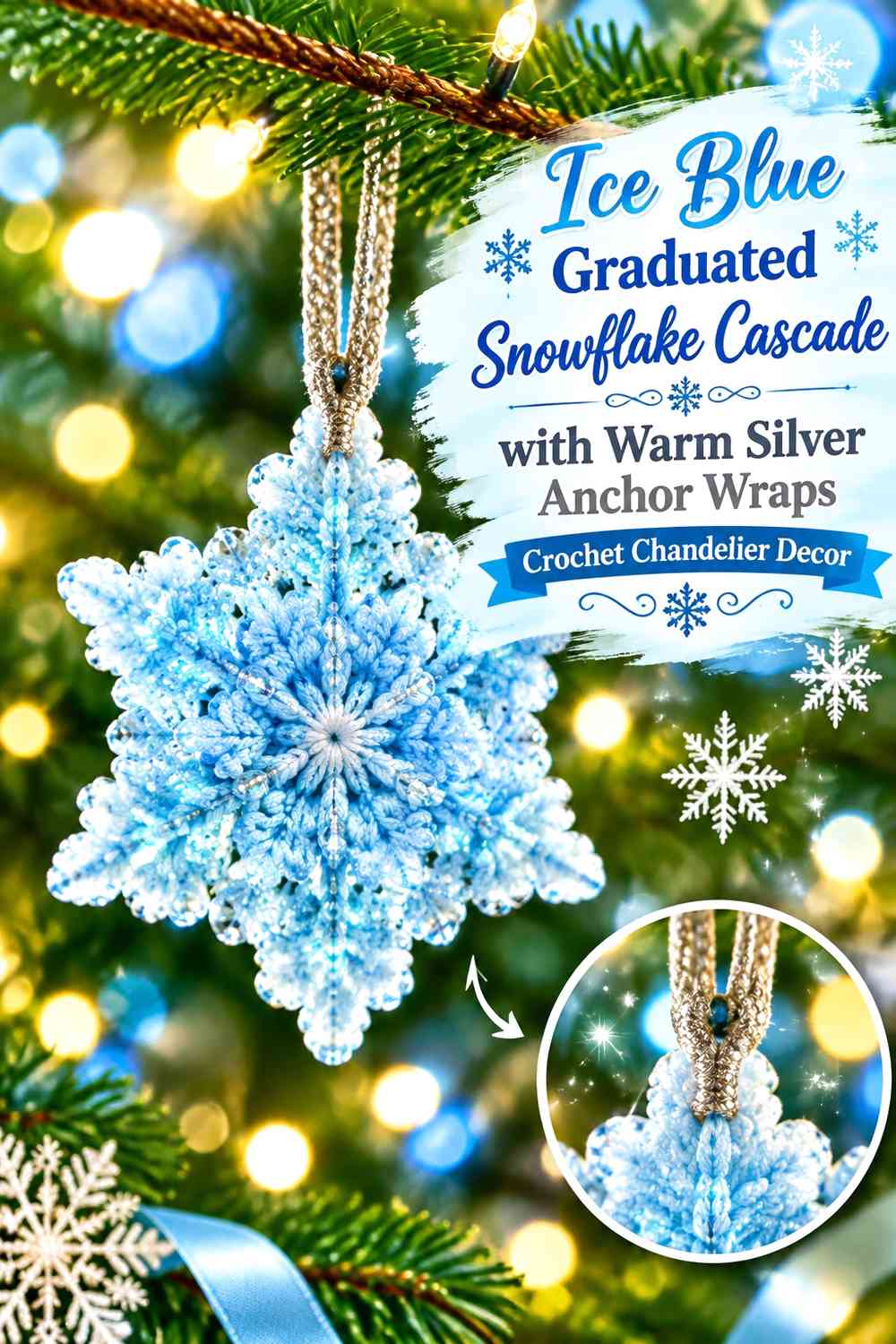 Ice Blue Graduated Snowflake Cascade with Warm Silver Anchor Wraps Crochet Chandelier Decor