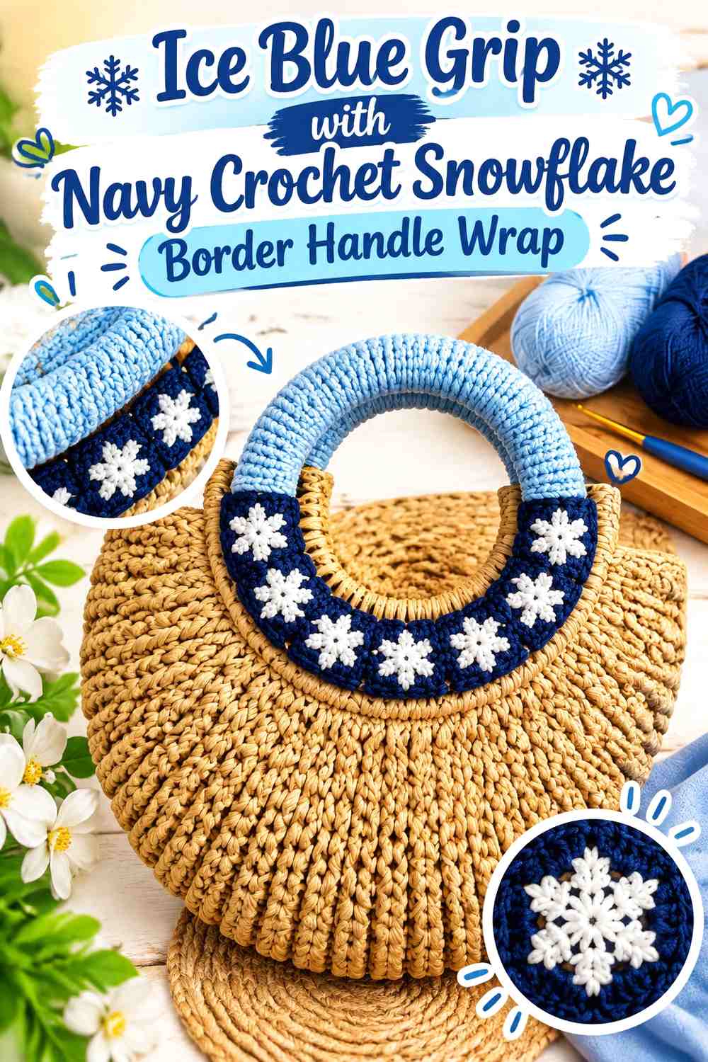 Ice Blue Grip with Navy Crochet Snowflake Border Handle Wrap