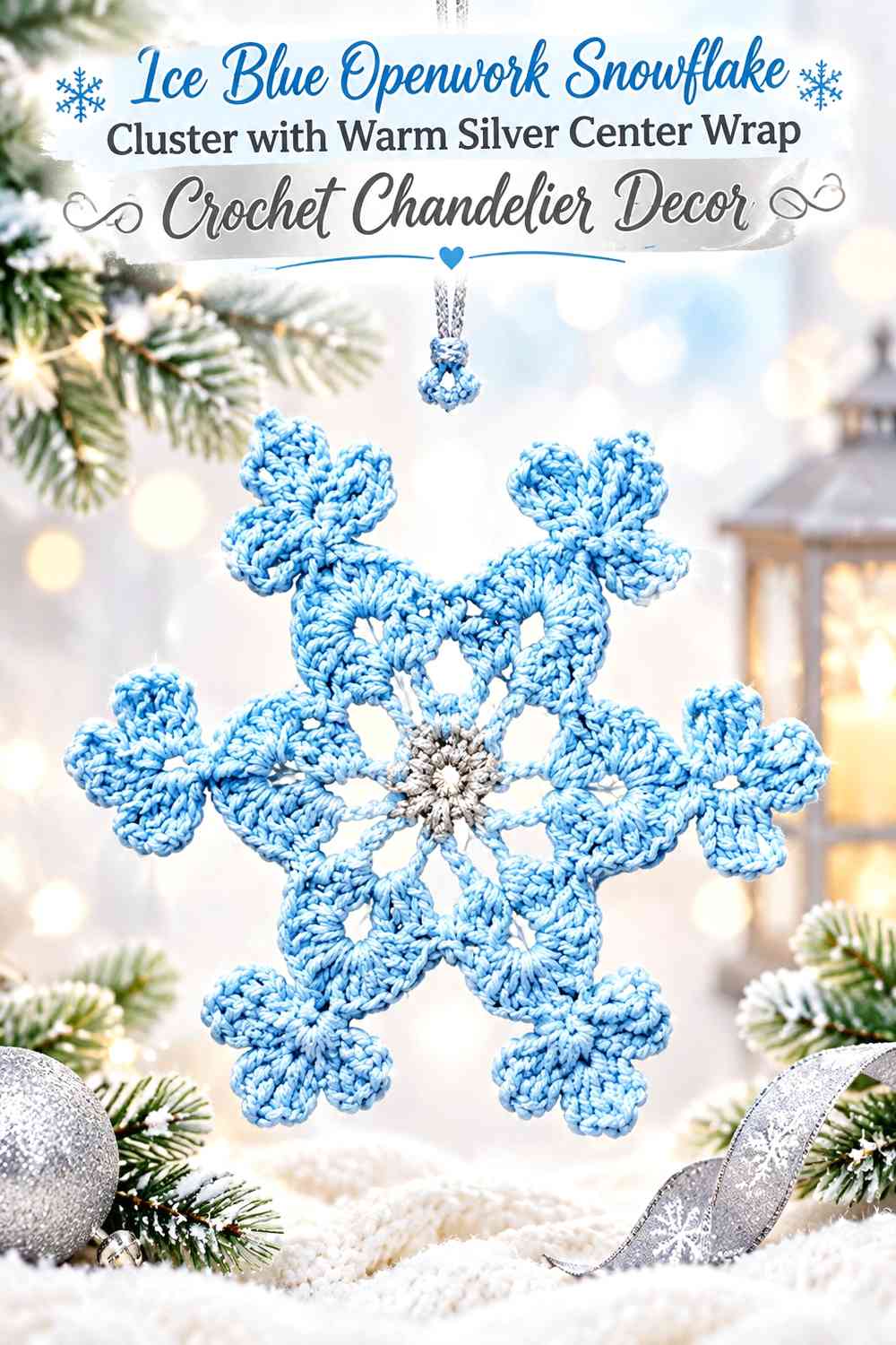 Ice Blue Openwork Snowflake Cluster with Warm Silver Center Wrap Crochet Chandelier Decor