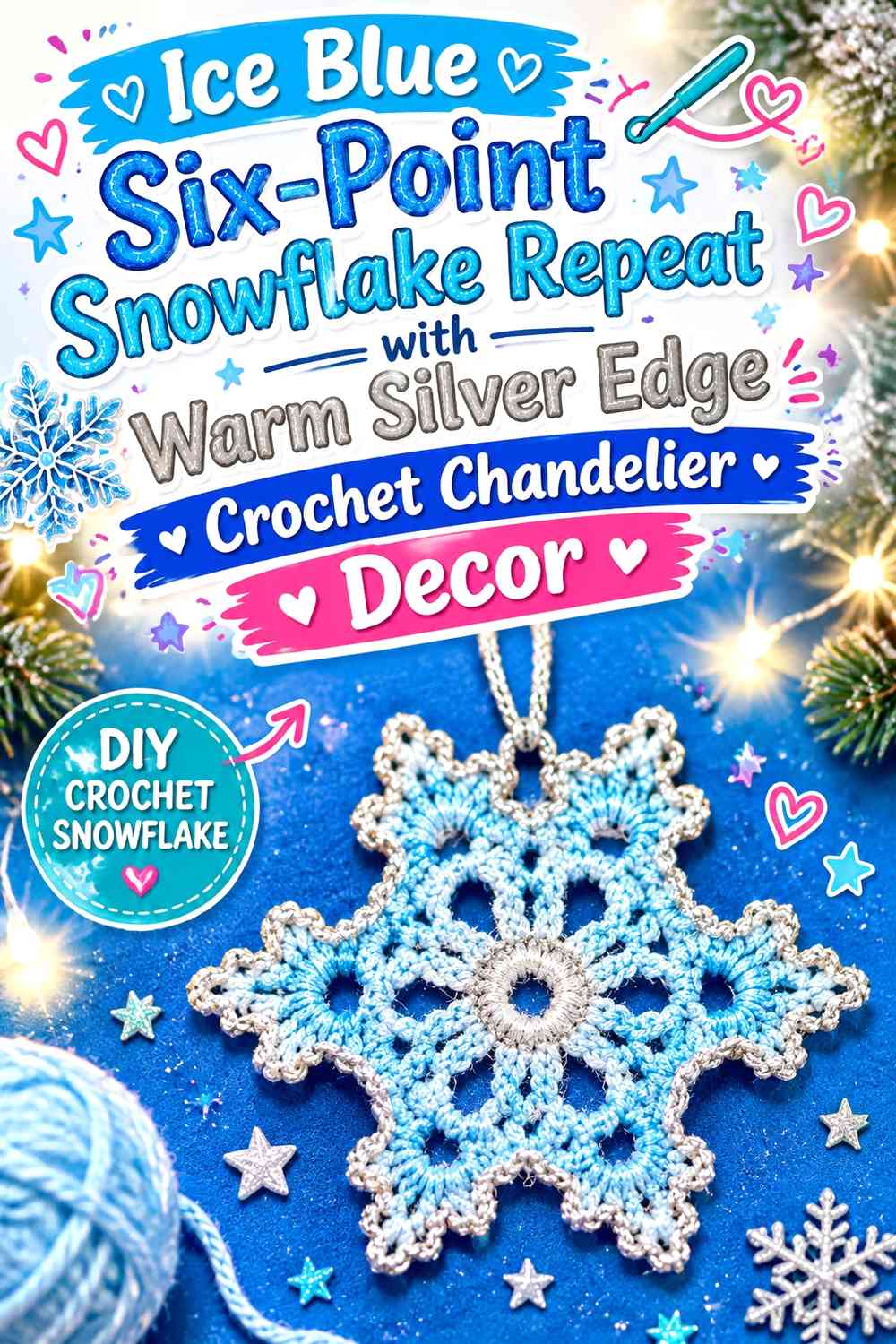 Ice Blue Six-Point Snowflake Repeat with Warm Silver Edge Crochet Chandelier Decor