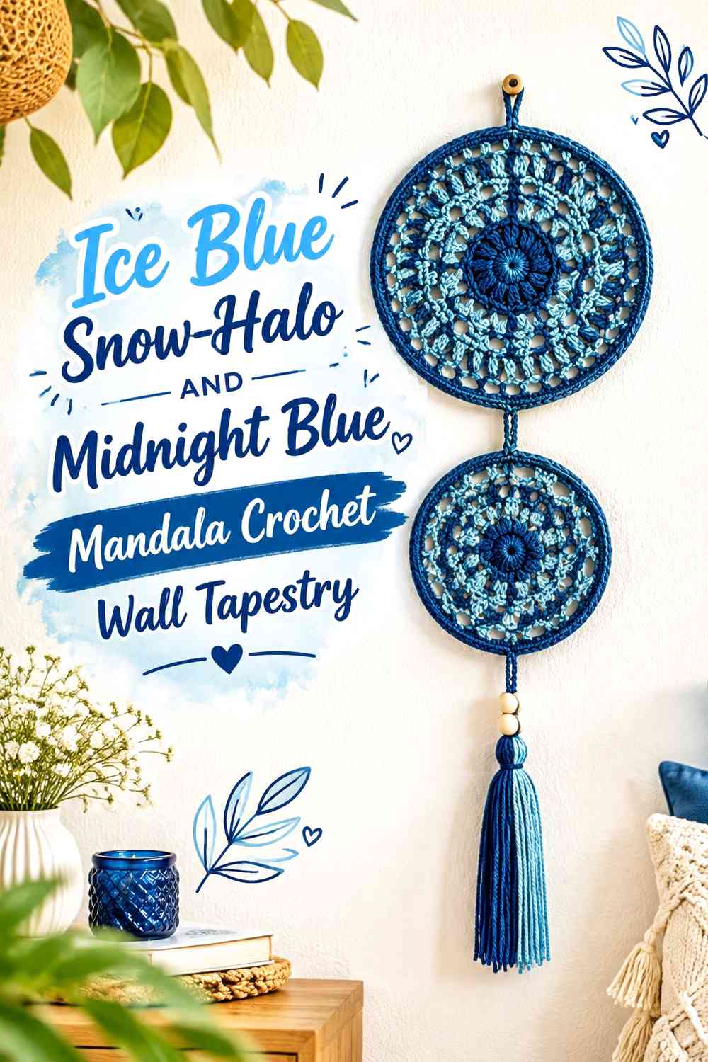 Ice Blue Snow-Halo and Midnight Blue Mandala Crochet Wall Tapestry