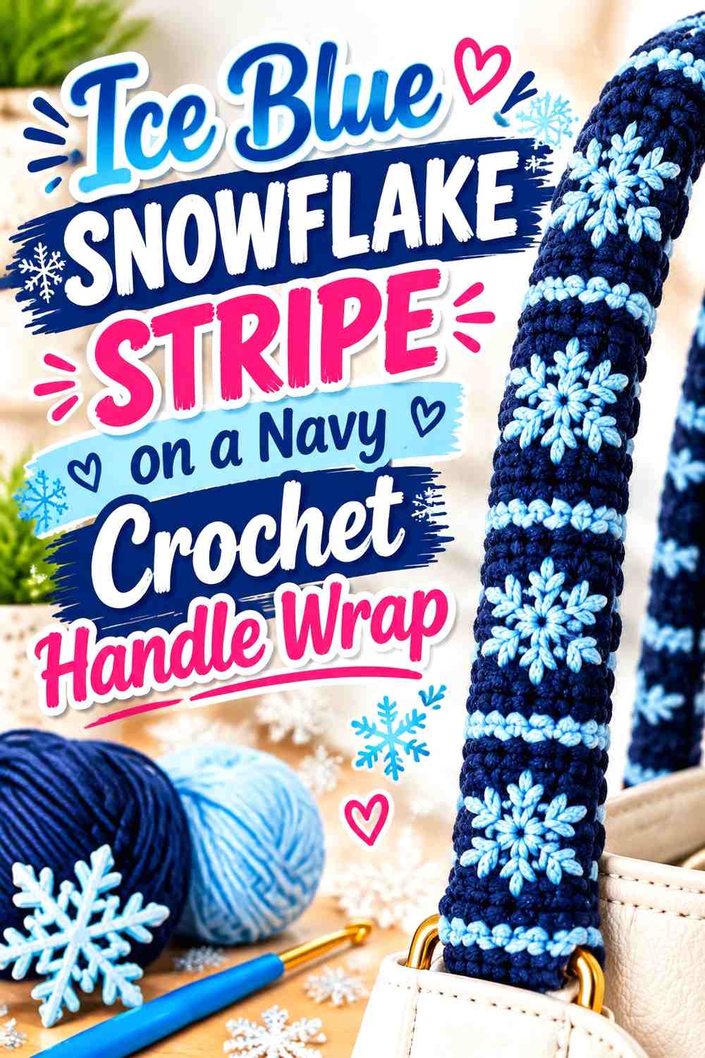 Ice Blue Snowflake Stripe on a Navy Crochet Handle Wrap