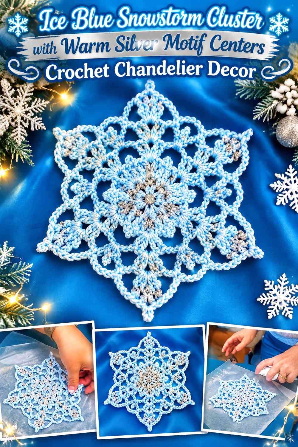 Ice Blue Snowstorm Cluster with Warm Silver Motif Centers Crochet Chandelier Decor