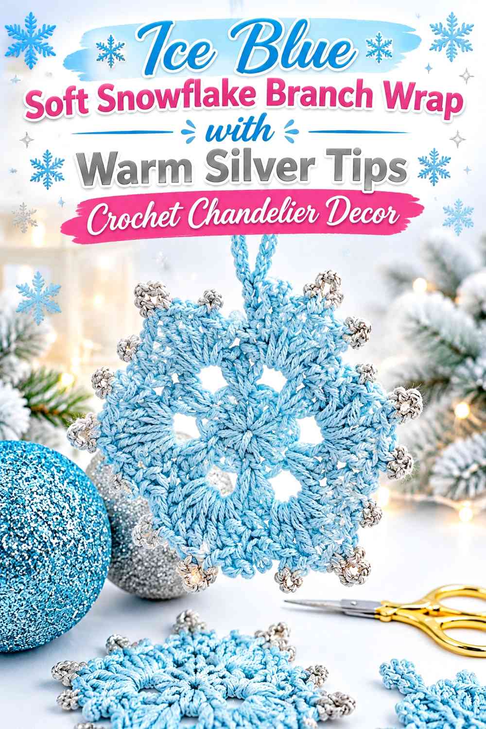 Ice Blue Soft Snowflake Branch Wrap with Warm Silver Tips Crochet Chandelier Decor