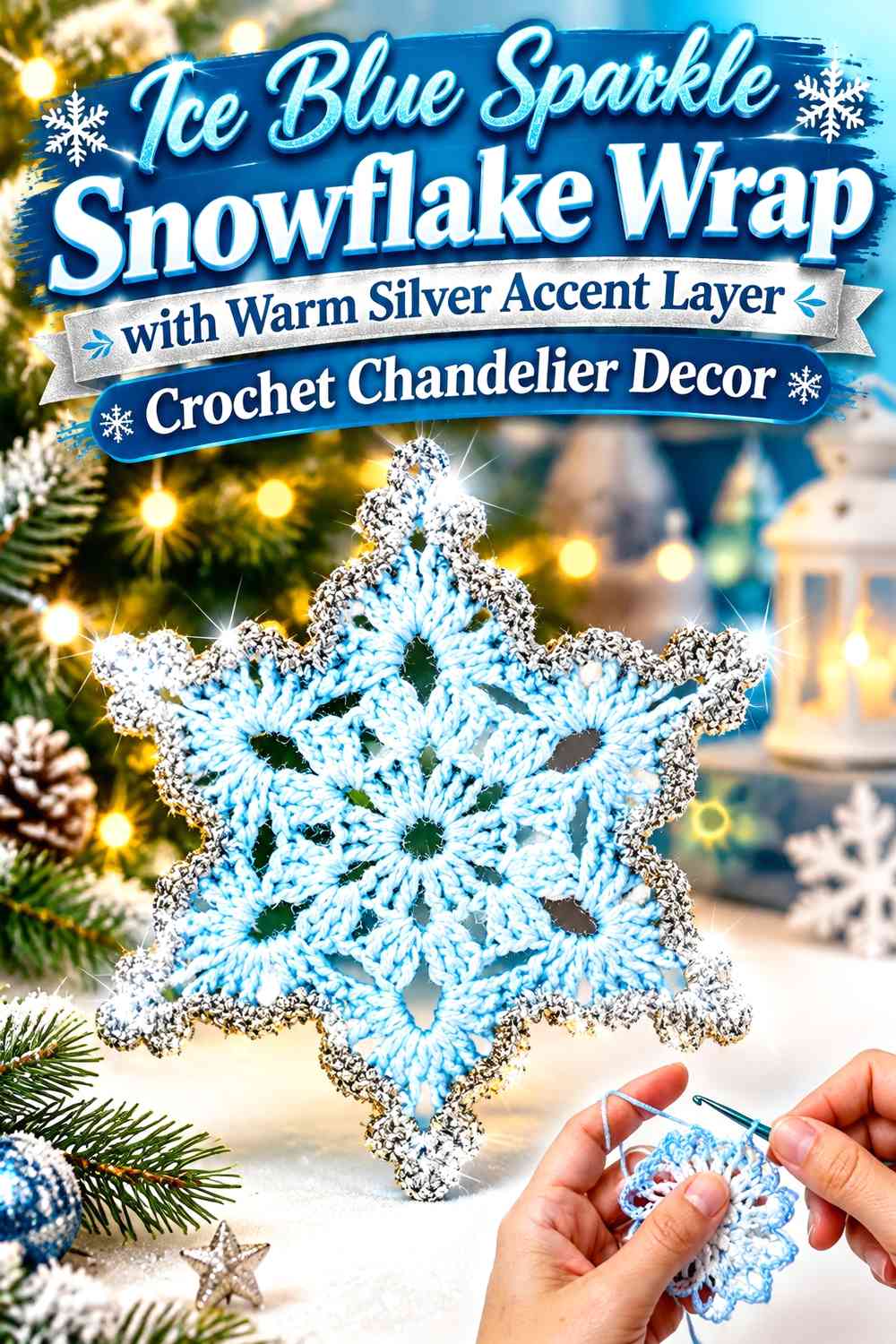 Ice Blue Sparkle Snowflake Wrap with Warm Silver Accent Layer Crochet Chandelier Decor