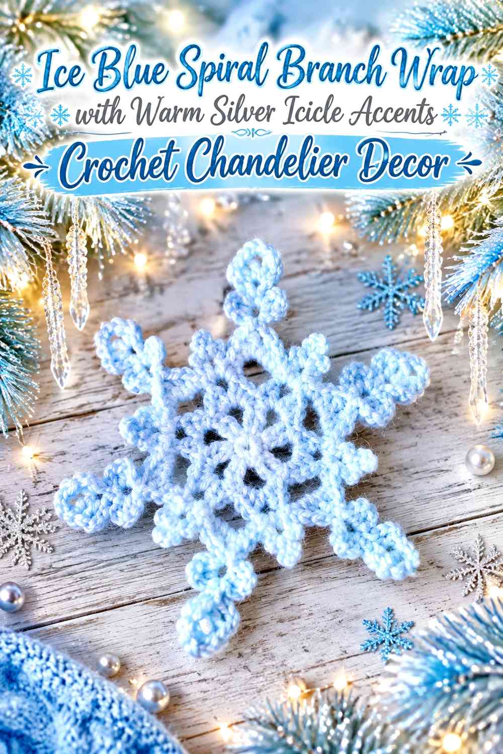 Ice Blue Spiral Branch Wrap with Warm Silver Icicle Accents Crochet Chandelier Decor