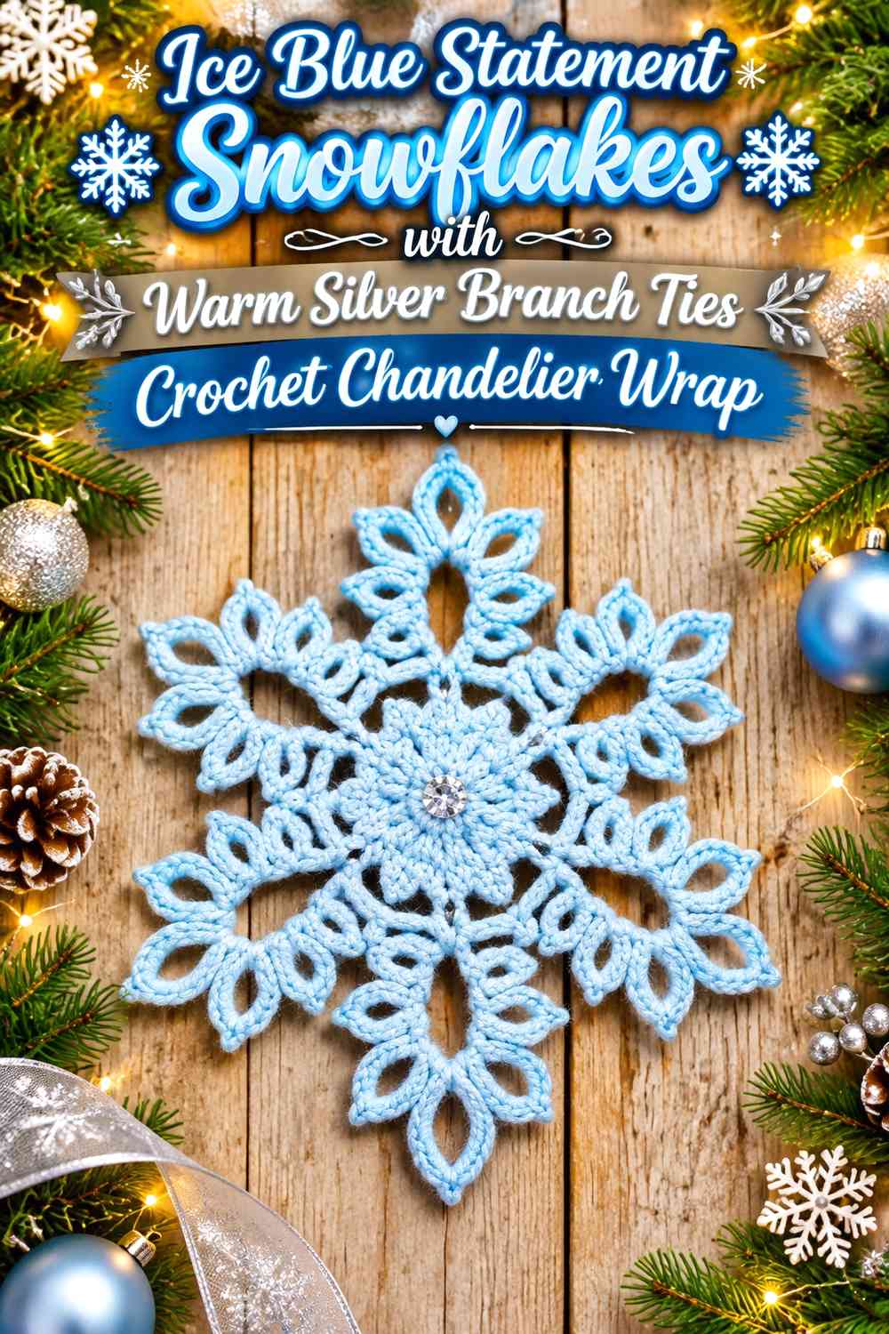 Ice Blue Statement Snowflakes with Warm Silver Branch Ties Crochet Chandelier Wrap