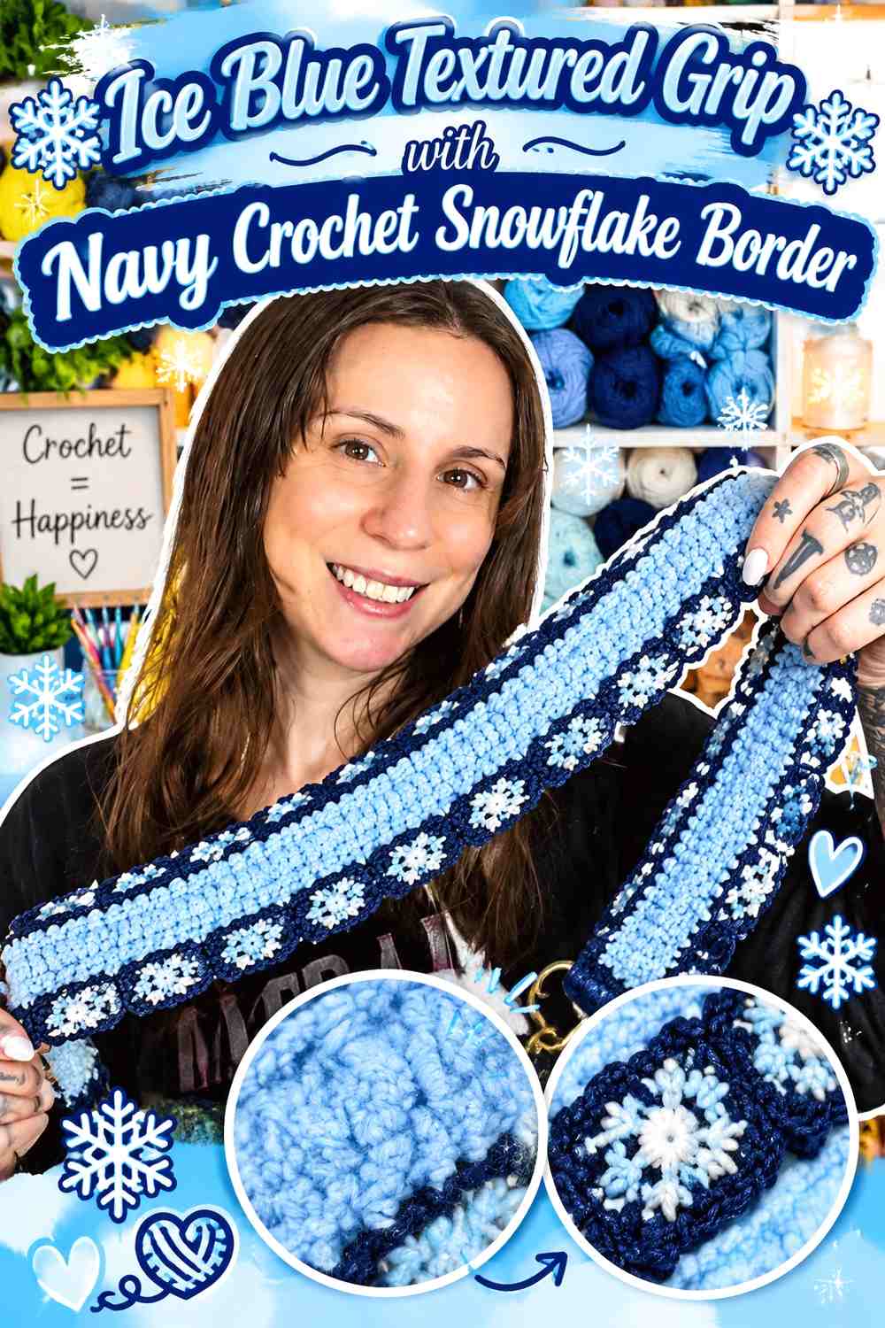 Ice Blue Textured Grip with Navy Crochet Snowflake Border